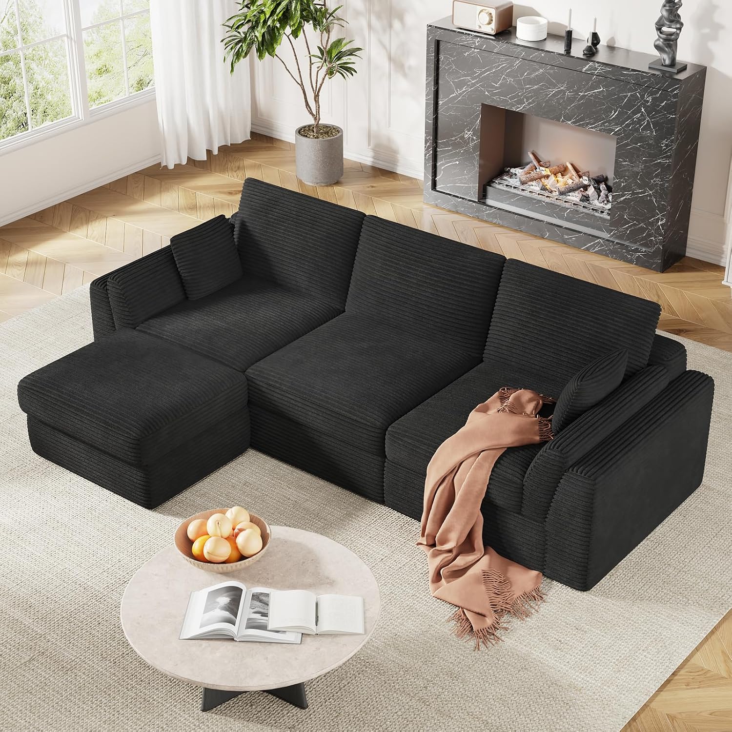Vabches 106.6" Modular Sectional Sofa with Chaise, Comfy Cloud Sectional Couch, Modern L-Shape Corduroy Sofa with Deep Seat, Upholstered Couches for Living Room Bedroom,No Assembly Required (Black)