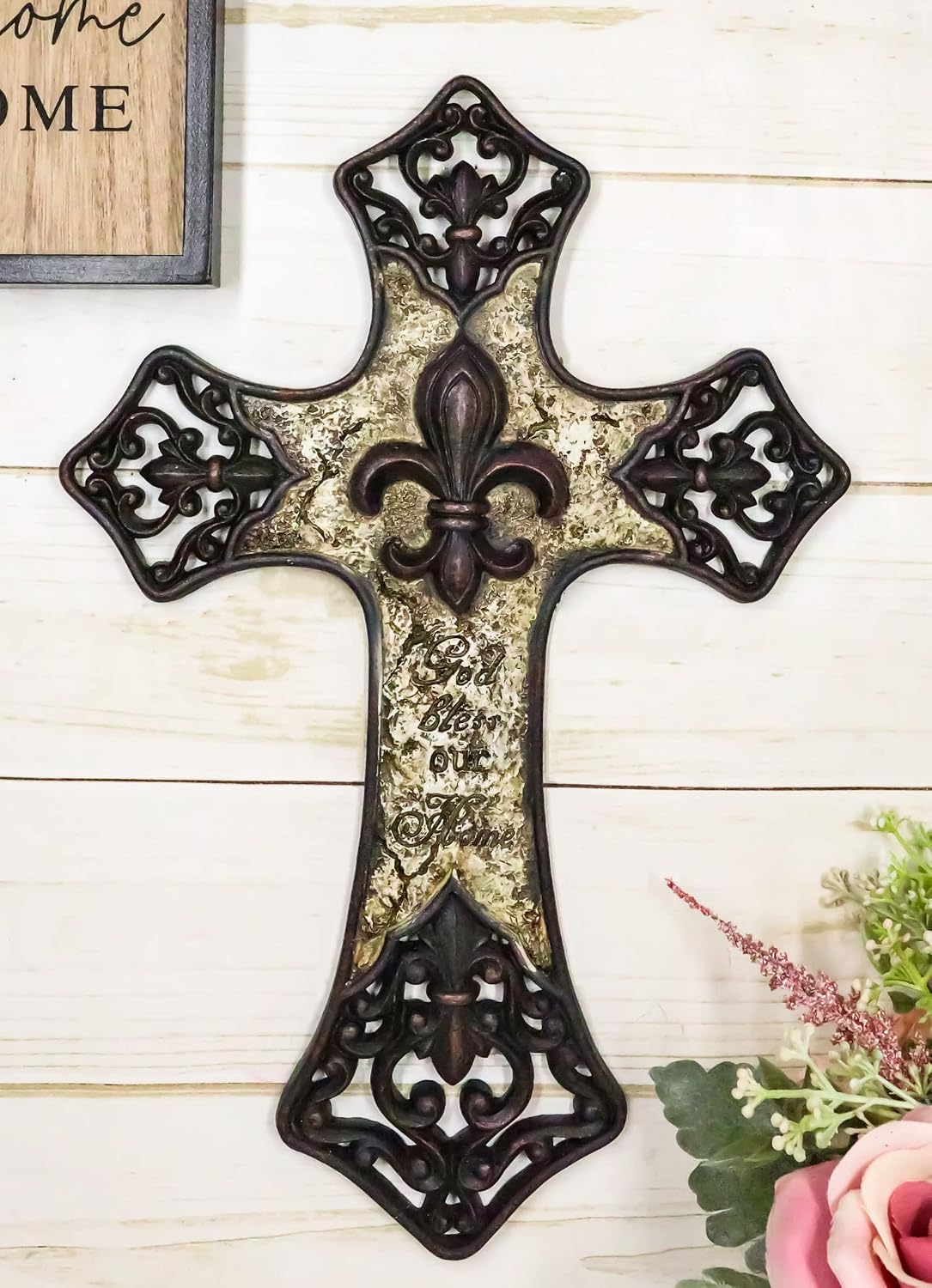 Ebros Gift Rustic Southwestern Tuscany Christian Inspirational Fleur De Lis French Lily God Bless Our Home Wall Cross Plaque Decor Sculpture Figurine