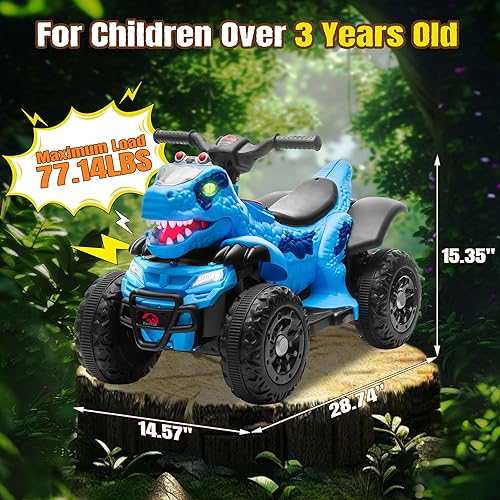 Miniatura 2 de Track Seven Auto de dinosaurio de 12 V para niños, 4 ruedas, batería eléctrica, ATV, música, luces LED, interfaz de micrófono, juguete para niños al