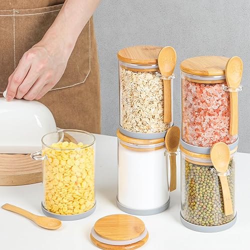 Miniatura 9 de ComSaf Juego de 6 tarros de vidrio de 19 onzas con tapas y cucharas de bambú, recipientes de avena durante la noche con tapas, recipientes de café