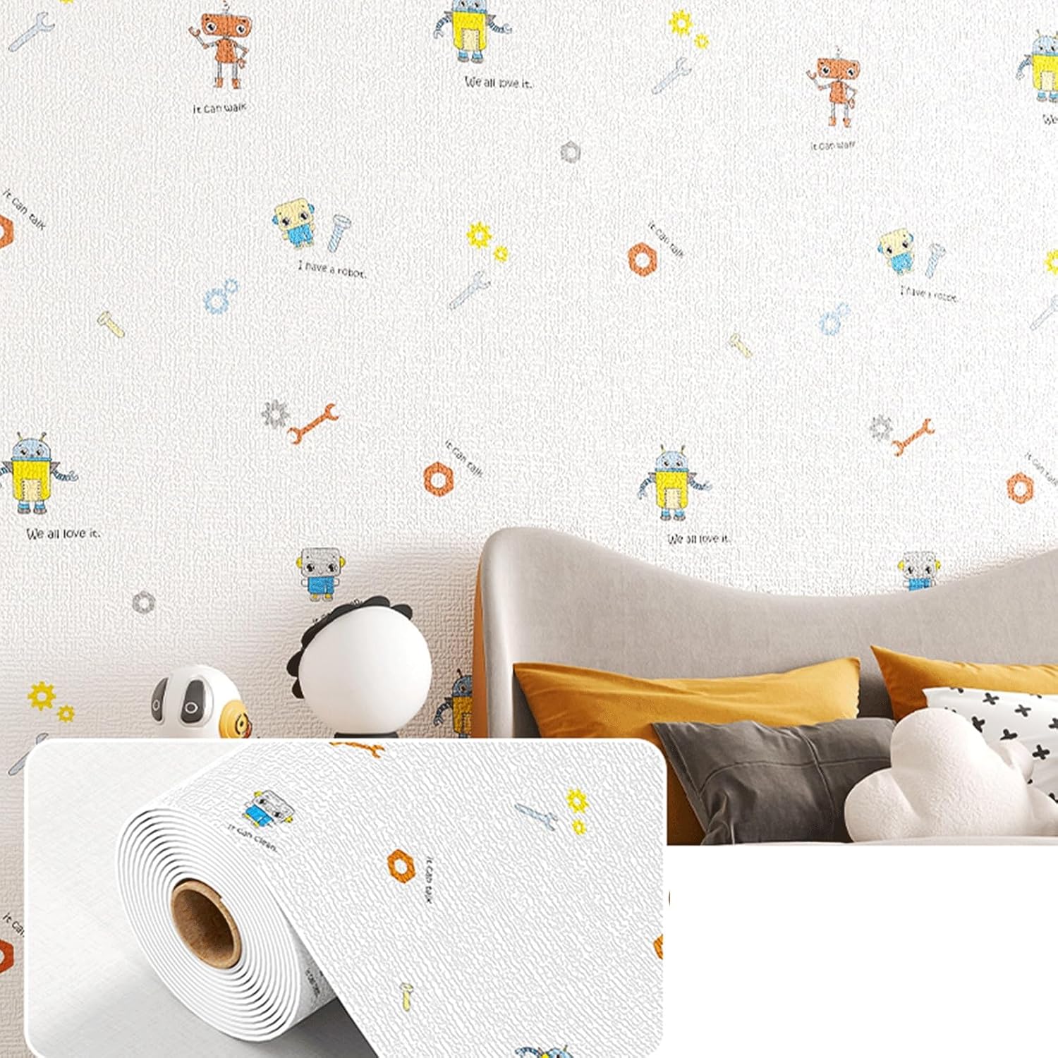 Peel-and-Stick Wallpaper for bedrooms, Living Rooms, and cabinets with Cute Designs(Robot,20m*100cm)