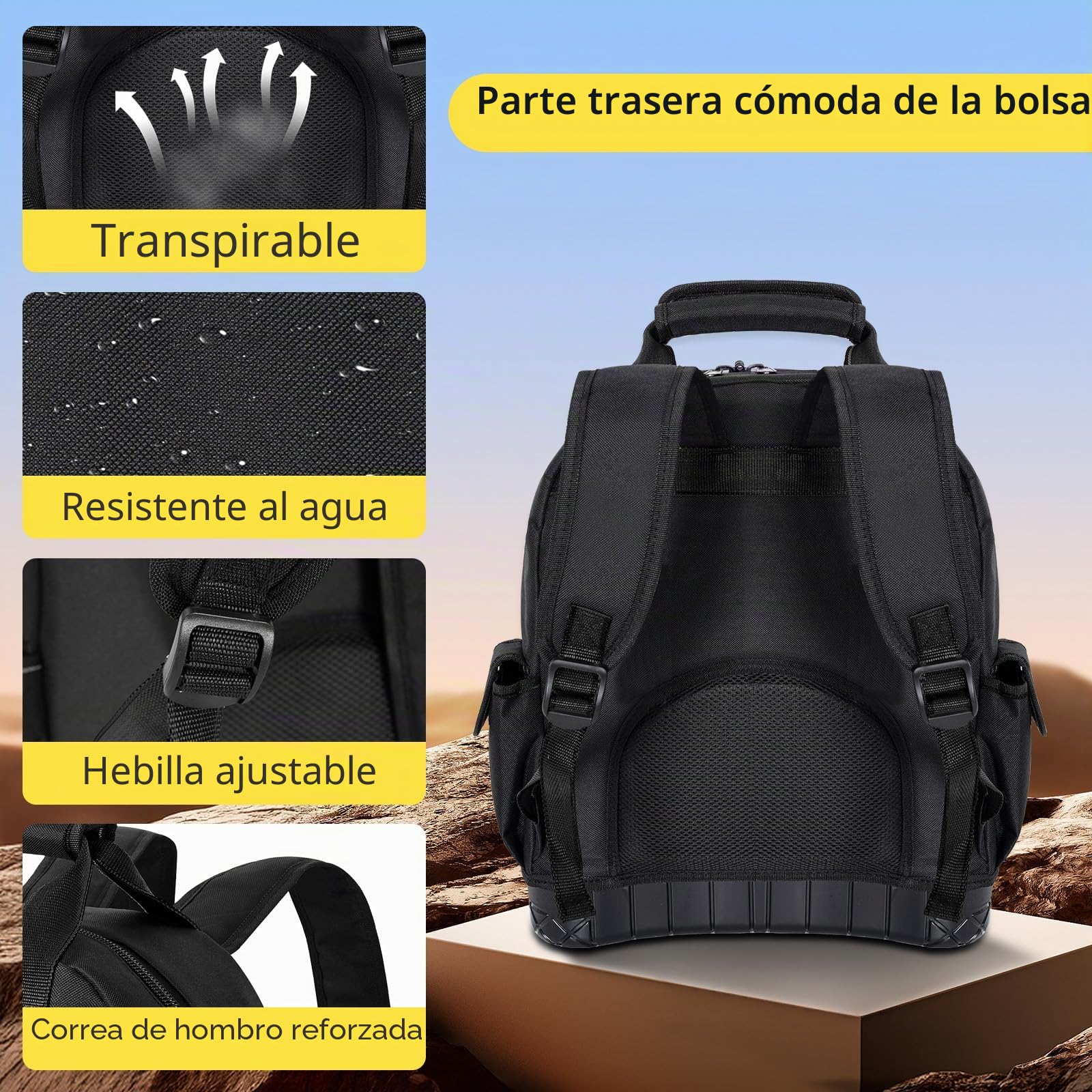 OUUTMEE Mochila de herramientas con base de goma ABS, bolsa de herramientas resistente con bolsillos múltiples, bolsas portaherramientas con correa de hombro y cintura para electricistas y