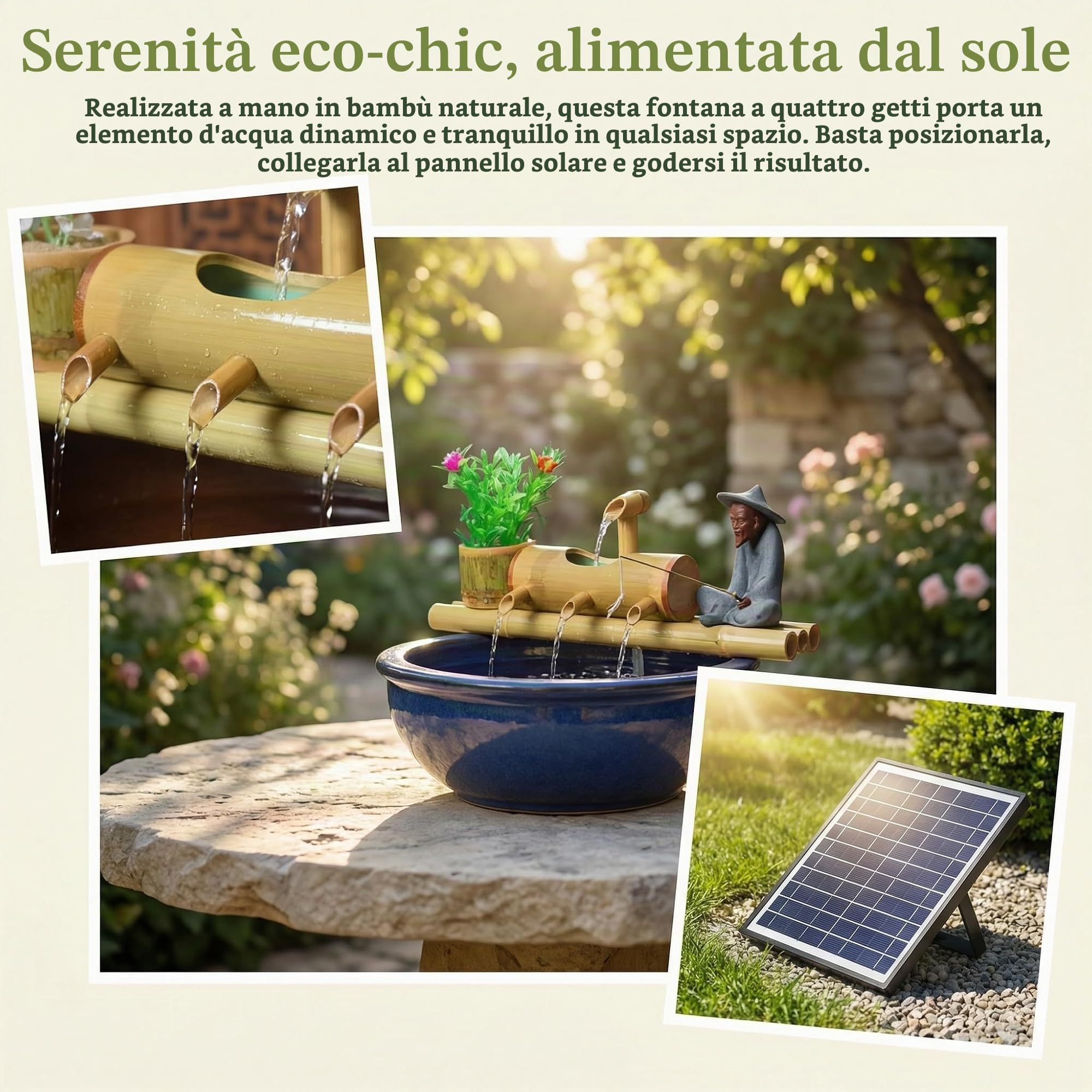 Fontana Ad Acqua in bambù da 45 Cm Ad Energia Solare per Giardino Esterno, Fontana Zen con 4 Uscite Dacqua, Perfetta per Patii E Laghetti - Tranquilla Fontana da Giardino