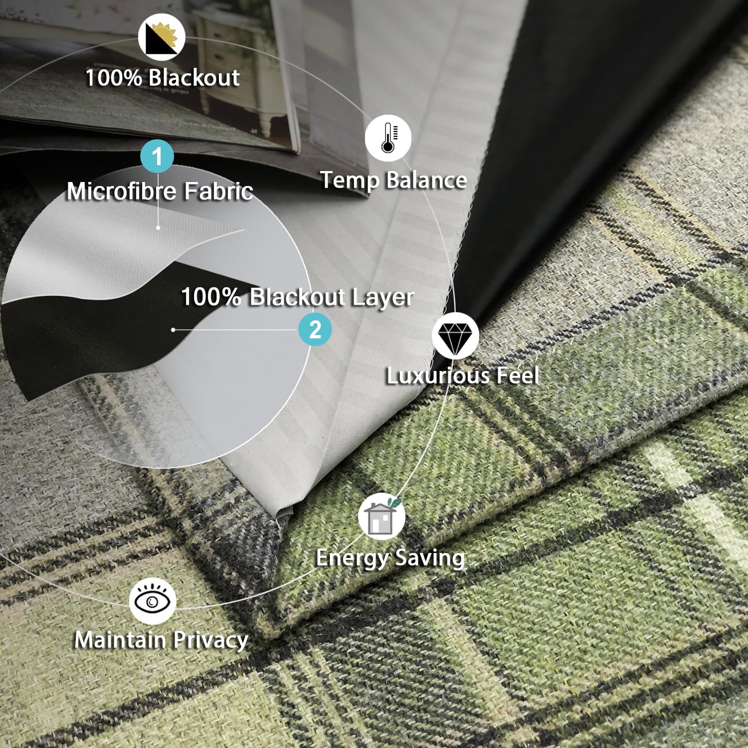 always4u 100% Blackout Curtains Check Eyelet Bedroom Tartan Curtain Plaid Brushed Cheque Pair of Highland Woolen Look Window Treatment for Living Room Green 66 * 72 Inches - Image 3