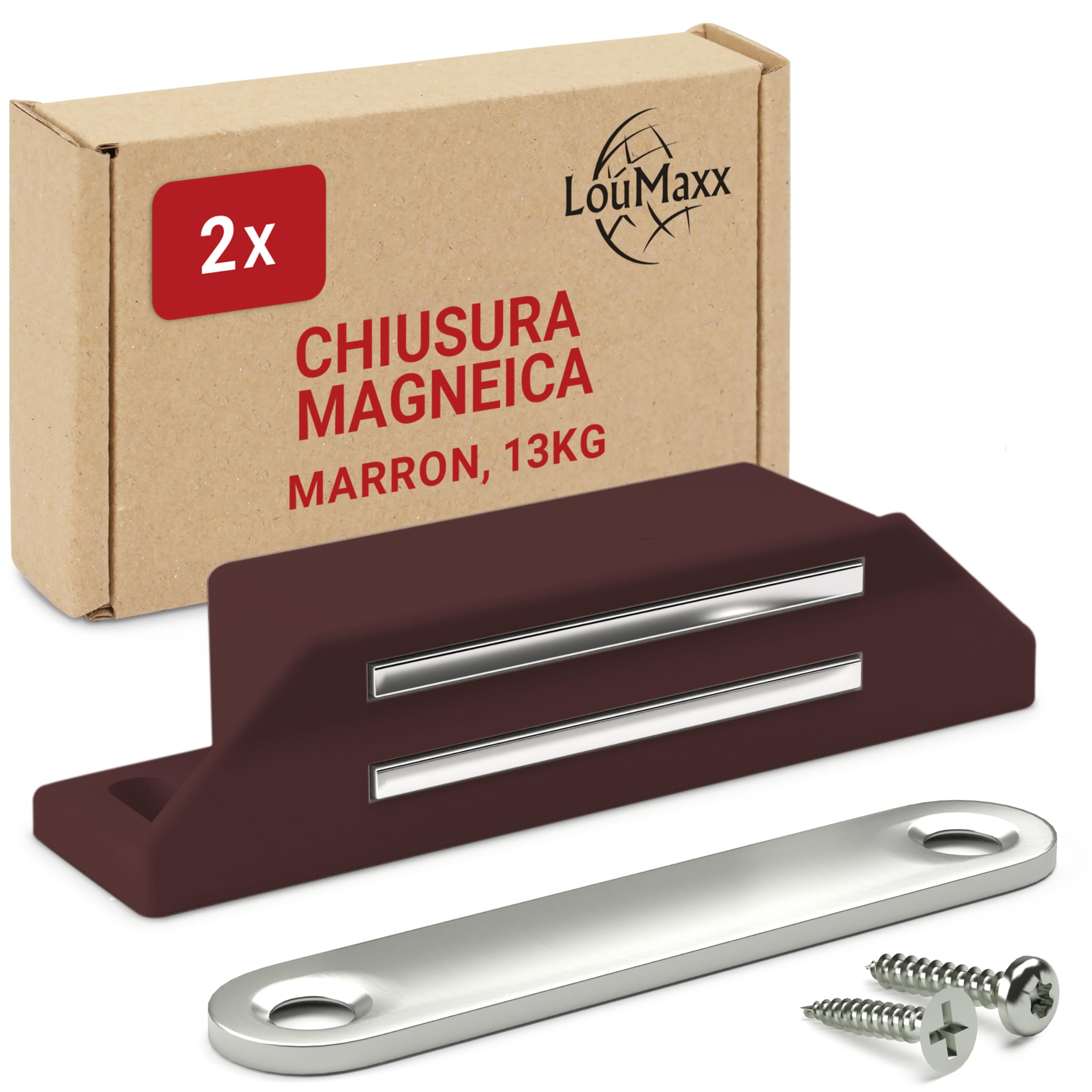 LouMaxx Chiusura Magnetica extra forte - Forza di Tenuta 13kg - Set di 2 Pezzi in Marrone - Magnete per Porte – Calamita Magnetica - Chiusura Magnetica per Armadi
