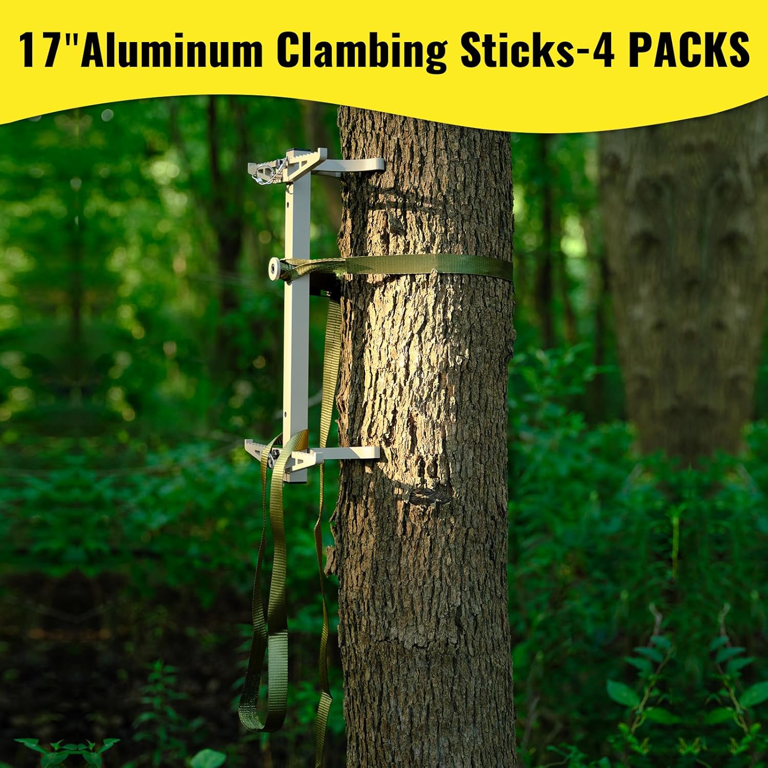 Climbing Sticks, 17” Lightweight Aluminium Hunting Climbing Sticks w/Silent Design, Tree Stand Sticks w/Pivoting V-Brackets & 20” Rope Aiders, Tree Steps for Deer Hunting Gear(4 Packs)