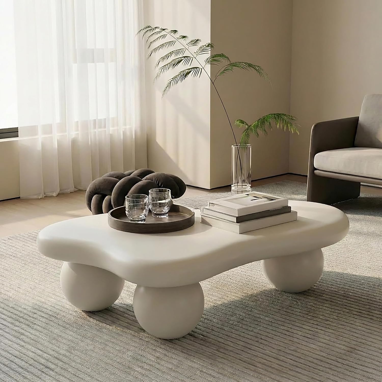 40 Inch Cloud Shaped Coffee Table, Modern Accent Table with 3 Ball Legs for Living Room (Cream White)