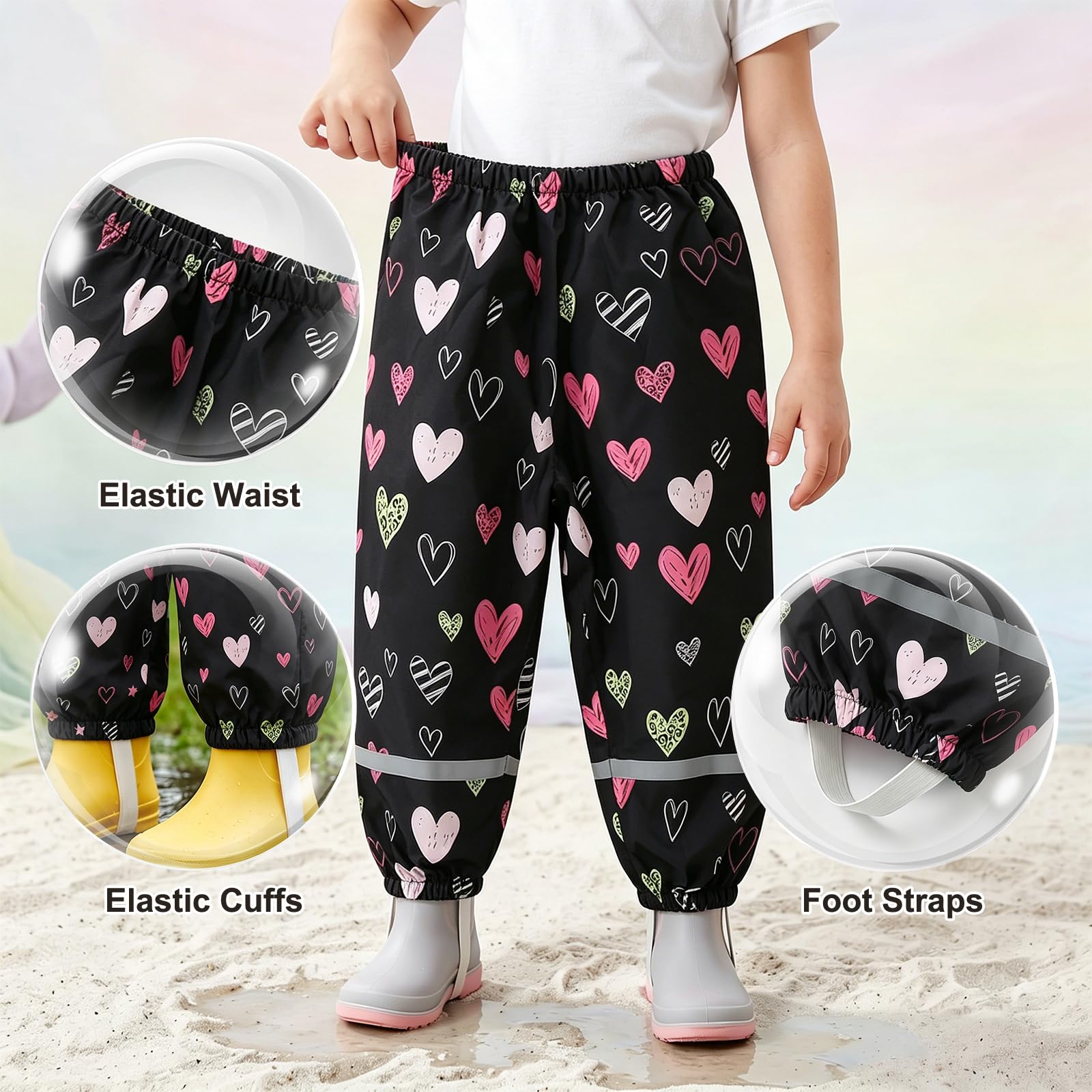 Pantaloni Pioggia per Ragazza Ragazzi, Stampa Impermeabile Pantalone con Riflettente Bambini Leggero Antipioggia Anti-Fango Pantaloni All'aperto Abbigliamento per 1-10 Anni