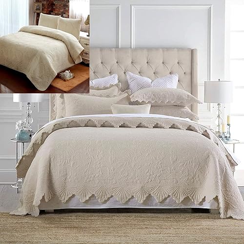 Brandream Juego de edredón festoneado beige de 6 piezas, tamaño Queen y King, juego de edredón de algodón de lujo para casa de campo