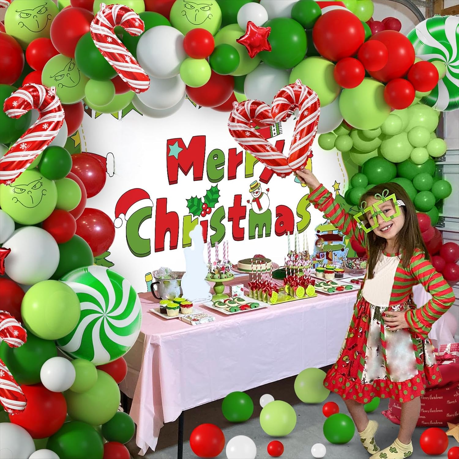 Christmas Balloons Arch Kit with Merry Christmas Backdrop for Xmas Baby Shower Birthday Party Decorations Christmas Balloon Garland Different Sizes with Candy Cane/Red Green Windmill/Red Star Balloons