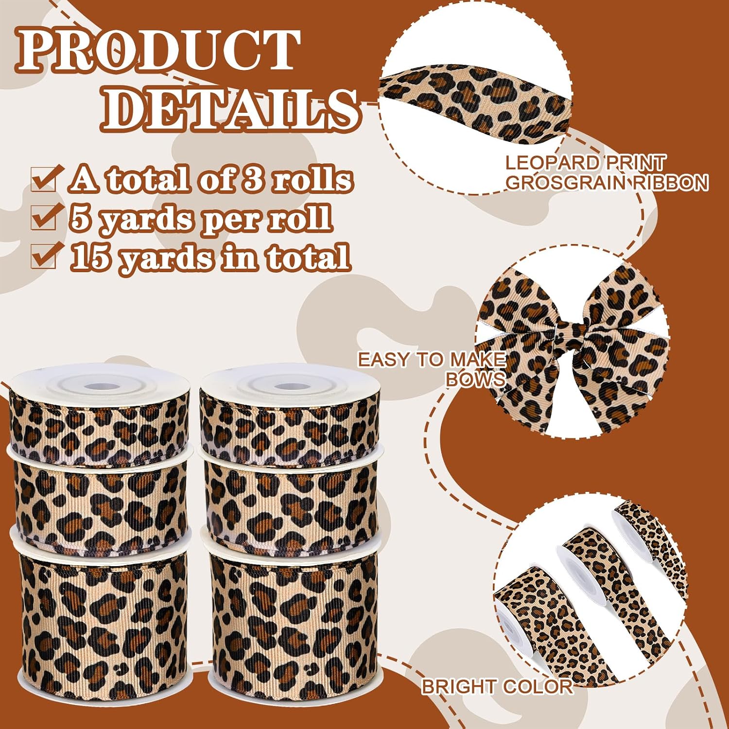 JarThenaAMCS 3 Roll Leopard Print Grosgrain Ribbons Safari Jungle Craft Ribbon Summer Tropical Hawaiian Ribbon for Wreath Bow Gift Wrap Party Christmas Tree Decor, 5/8" 7/8" 1.5", 15 Yards
