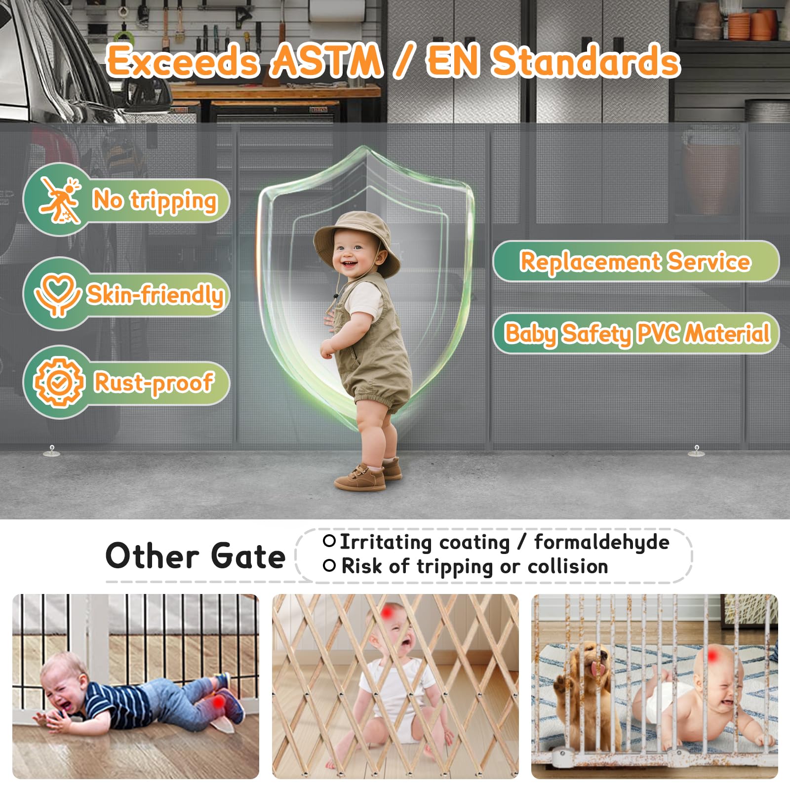 500cm/200inch Retractable gate Extra Wide, Upgraded 86cm/34inch Tall Stair Safety Gate for Baby and Dog, Hallway and Indoor/Outdoor Use — view 6