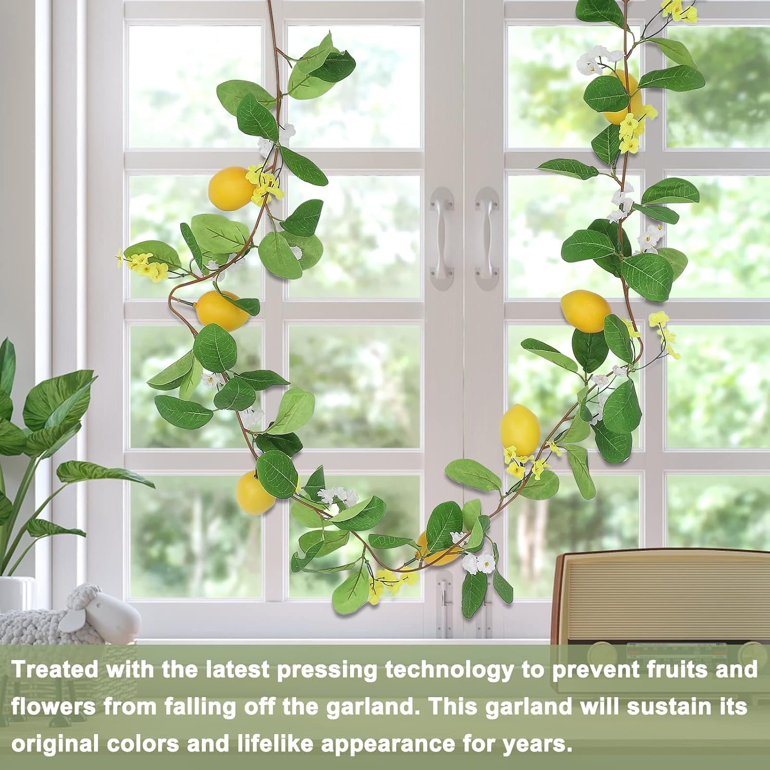 63 Inch Artificial Lemon Greenery Garland Fake Spring Summer Fruit Vine Garlands with Lemons and Flowers Faux Lemon Garland Wreath for Front Door Wall Table Home Wedding Decorations (2PCS)