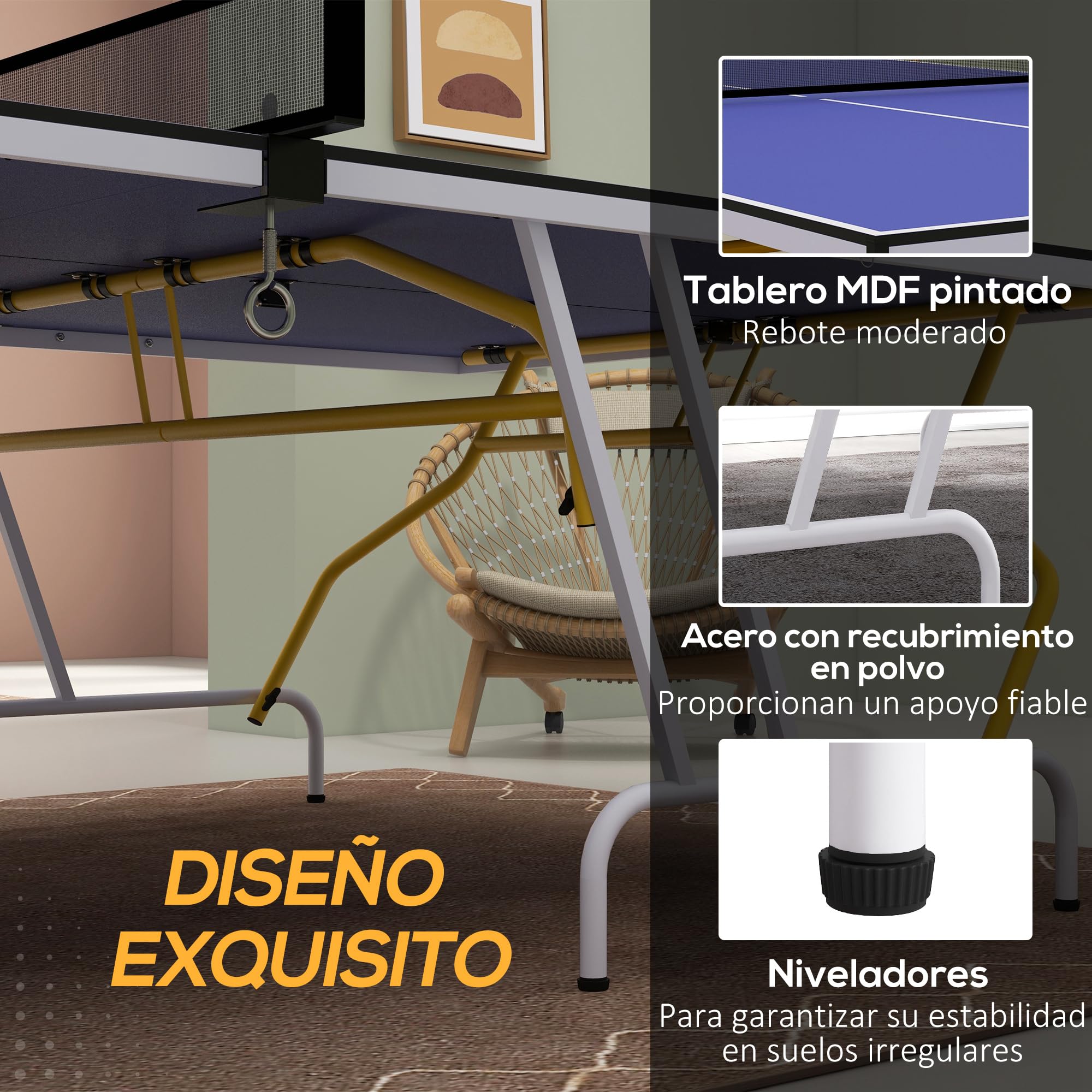SPORTNOW Mesa de Ping-Pong Plegable con Red, Reposapiés Ajustables y Marco de Acero, 274x152,5x76 cm Azul