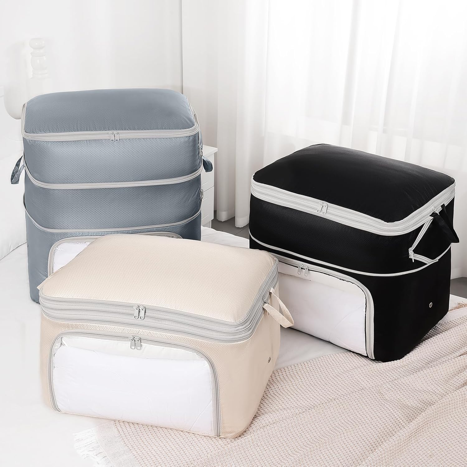 Comforter Storage Bag - 130L Blanket Storage Bags Front-opening Ultra Space Saving Self Compression Organizer, Washable Compression Bags for Storage Comforter Blanket, 2 Pack, Beige