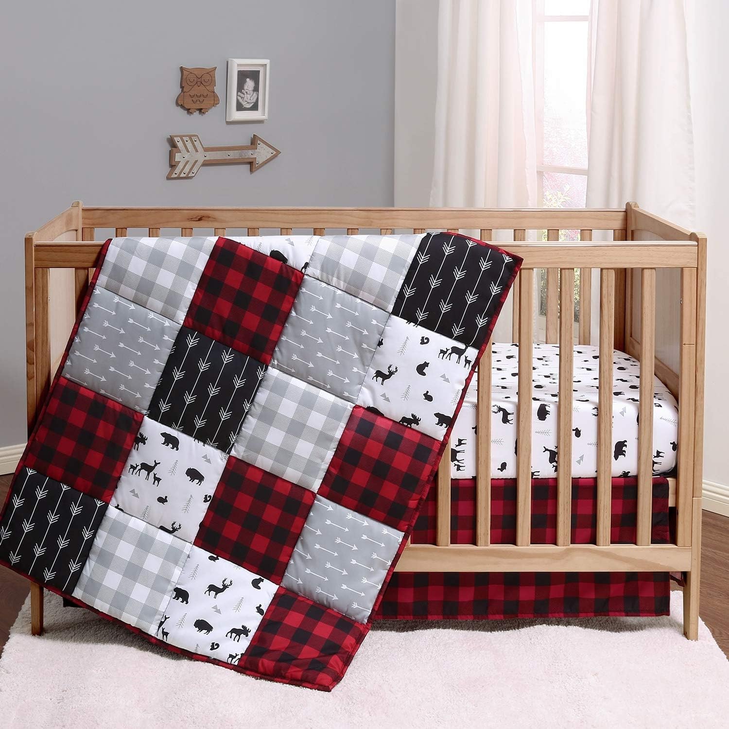 The Peanutshell 3 Piece Baby Crib Bedding Set for Boys & Girls - Newborn, Infant & Toddler Nursery Bed Set Decor with Fitted Crib Sheet, Dust Ruffle, Comforter - Buffalo Plaid