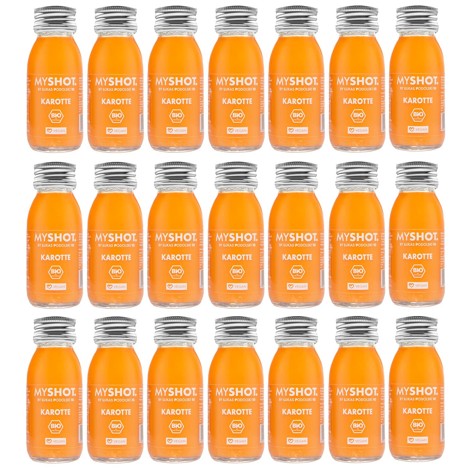 Lot de shots de carotte - pour votre beauté intérieure. Bio et végan. SANS sucre SANS additifs. 21 x 60 ml