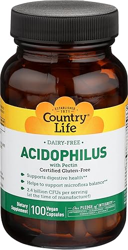 Country Life Acidophilus sin lácteos con pectina, 2.4 mil millones de UFC, 100 cápsulas veganas, certificado sin gluten, certificado vegano Country Life Acidophilus sin lácteos con pectina, 2.4 mil millones de UFC, 100 cápsulas veganas, certificado sin gluten, certificado vegano