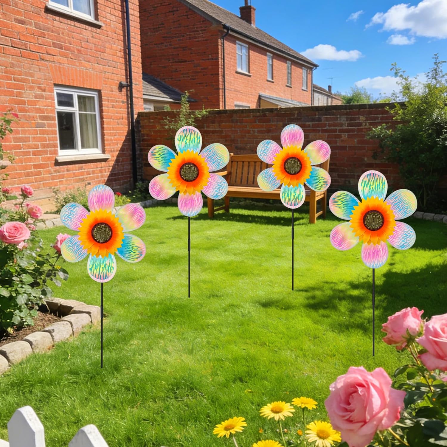 4PCS Sunflower Iridescent Wind Spinners, Rainbow Whirligigs Wind Spinner, 12.2inch Garden Windmill Spinner, DIY Pinwheel Craft Lawn Courtyard Outdoor Decoration (Colorful-2, 4PCS)