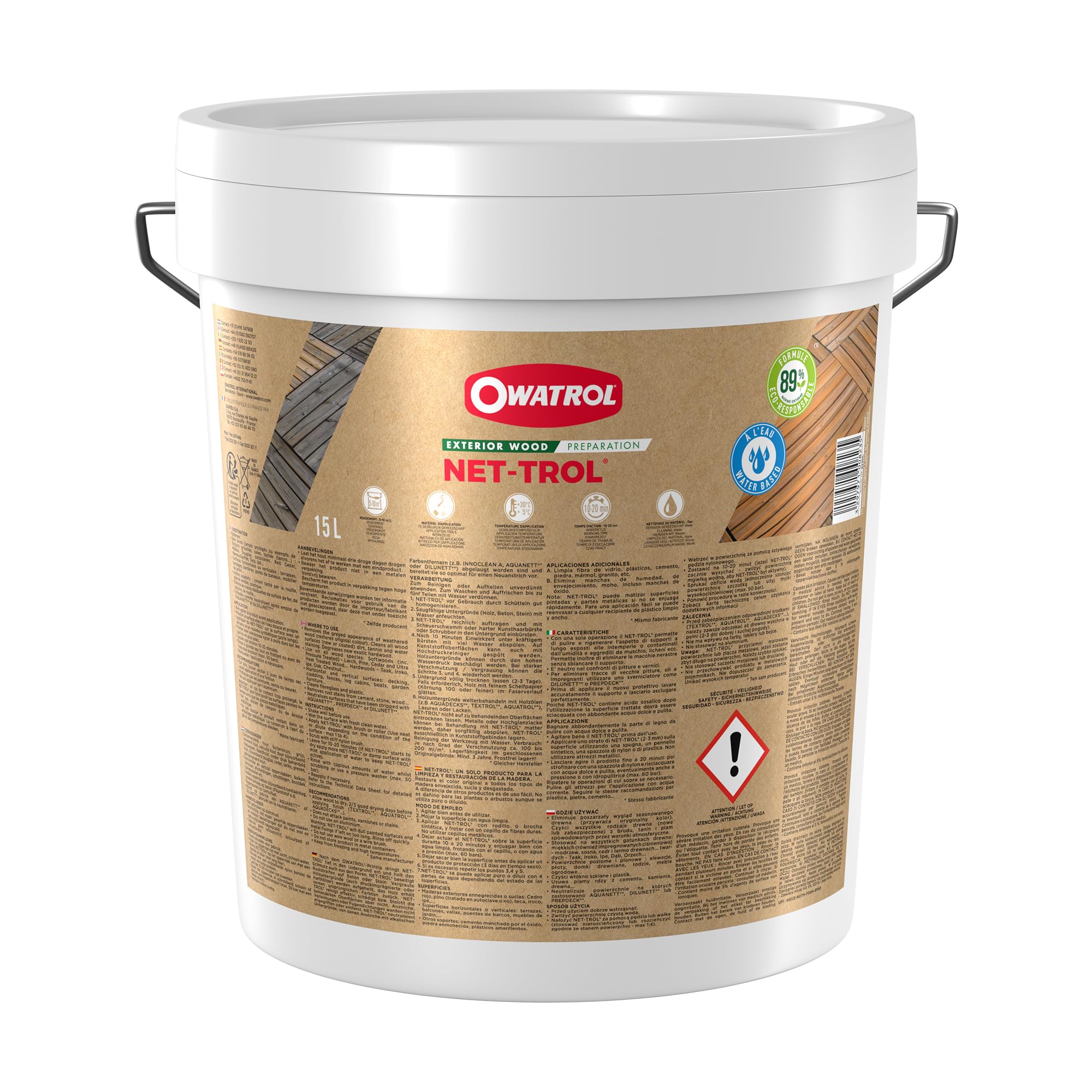 OWATROL – NET-TROL – Dégriseur et Dégraissant Tous Bois Extérieurs Terrasse Mobilier de Jardin Bois Exotique – Dégriseur Nettoyant pour Bois Gélifié – Performant Biodégradable – 15 L
