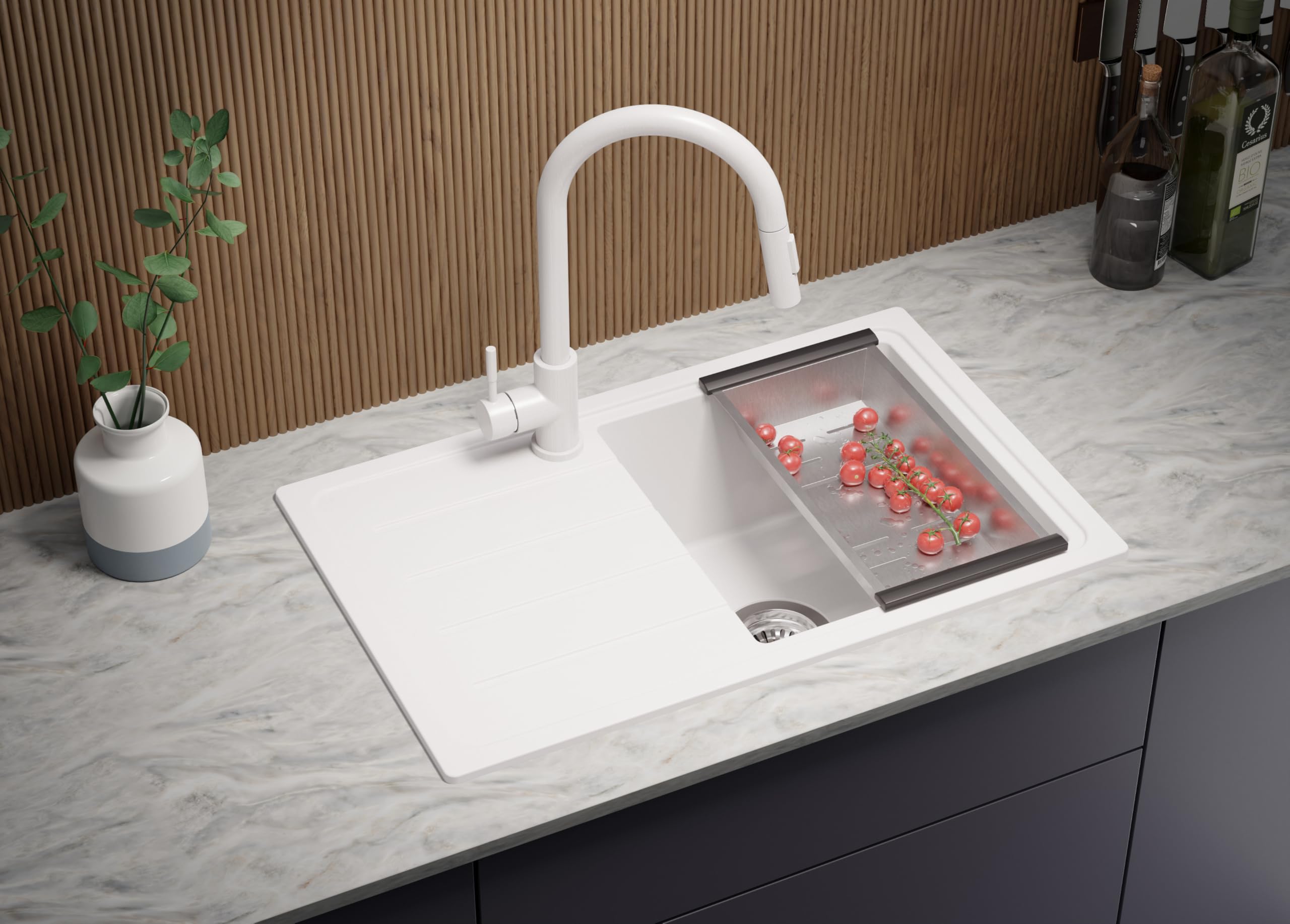 PRIMAGRAN Lavandino da Cucina Bianco 70x44cm, Lavello in Granito a 1 vasca + Rubinetto 32x20cm + Set di accessori, Lavabo da Cucina Incasso al Mobile 45cm - Copenhagen Easy S047