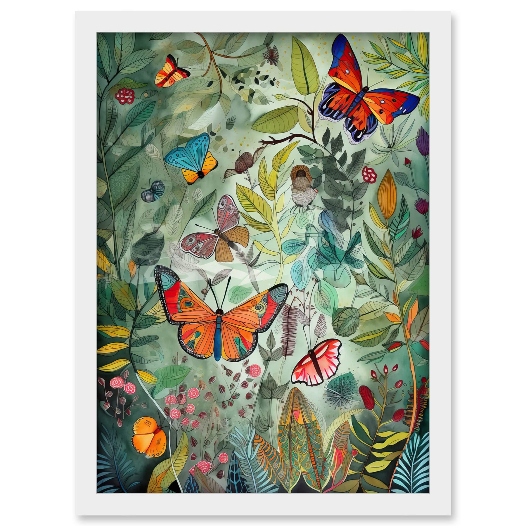 Artery8 Butterflies in a Spring Field Modern Folk Art Artwork Framed A3 Wall Art Print