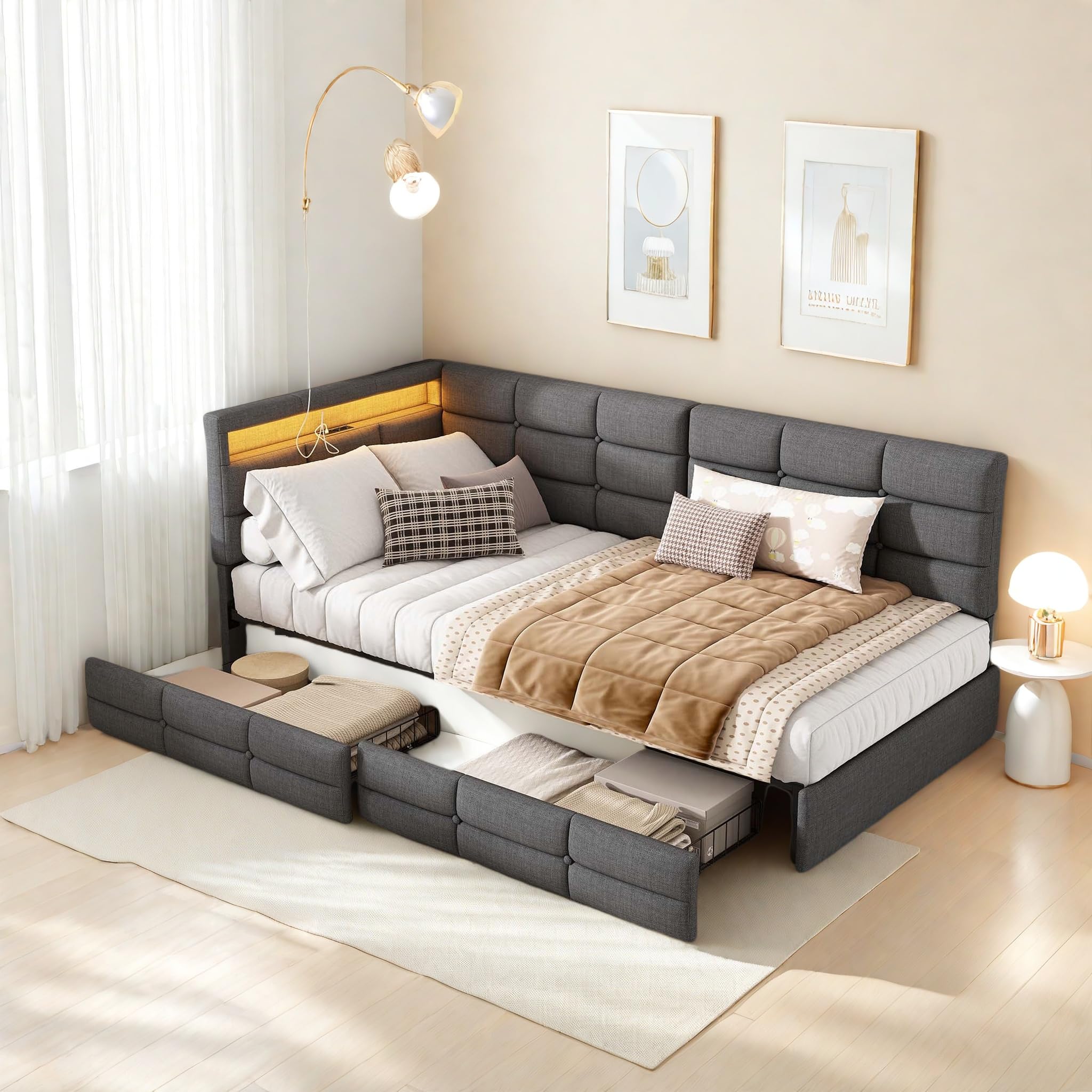 Sofa z funkcją spania w kształcie L 90x200 z 2 szufladami do przechowywania, sofa rozkładana, funkcyjne łóżko z funkcją spania z USB/Typ C i światłem LED, sofa tapczan, rozkładane łóżko, łóżko tapczan