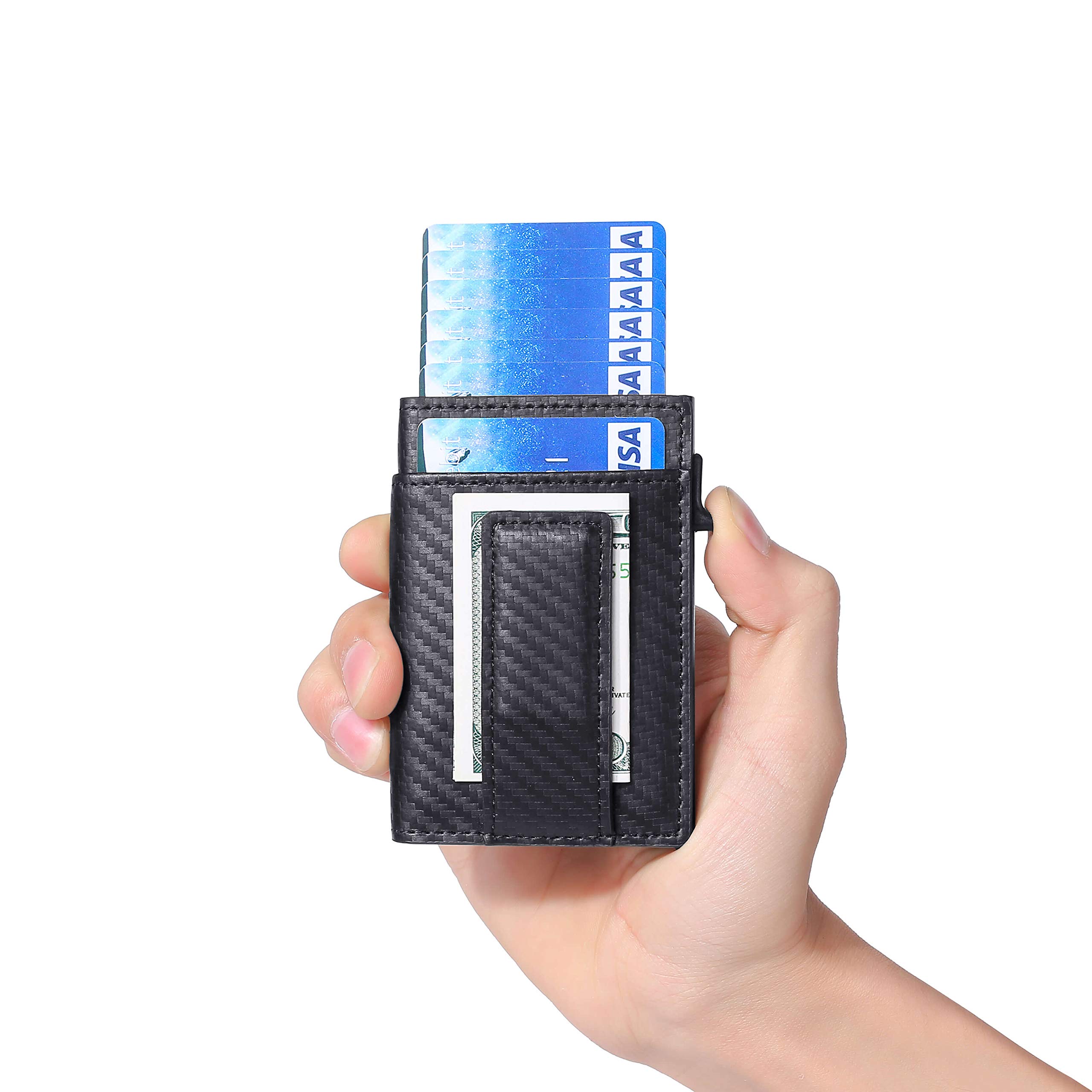 UpLookPop Up Wallet Card Holder RFID Slim Wallet Card Case with Magnetic Clip, Carbon Fiber Black, Super Slim, Minimalist