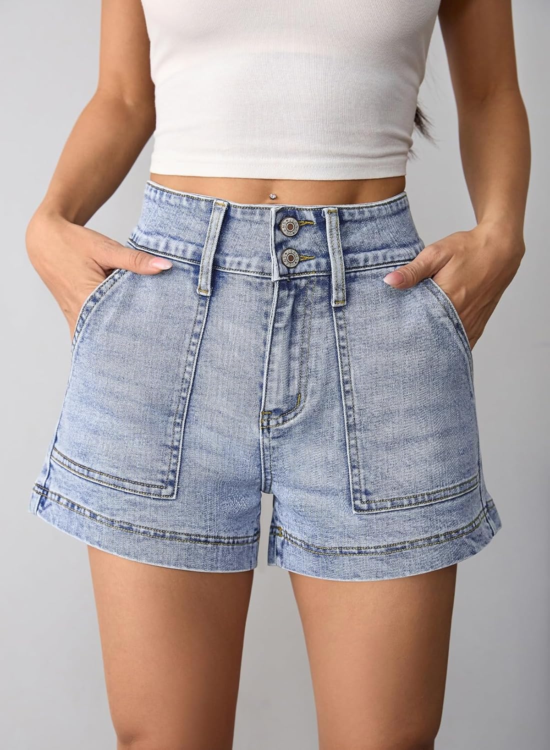 Pink Queen Women's High Waisted Denim Shorts 2026 Casual Summer Hot Short Jeans Vintage Patch Pocket Jeans Shorts - Image 4