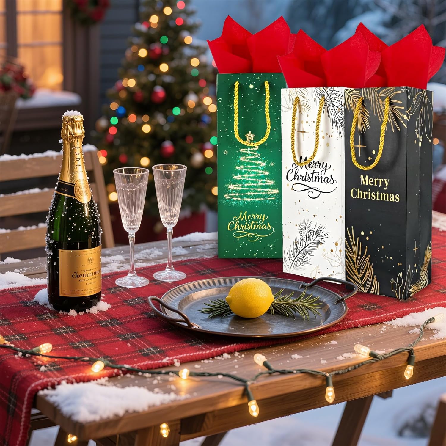 EQOREIIN 6 Pack Christmas Wine Gift Bags with Tissue Paper, Holiday Wine Bottles Wrap Bags with Handles for Party Favor Decoration, Winter Weddings, Liquor Lovers and Drinkers Gift Presents - Image 2