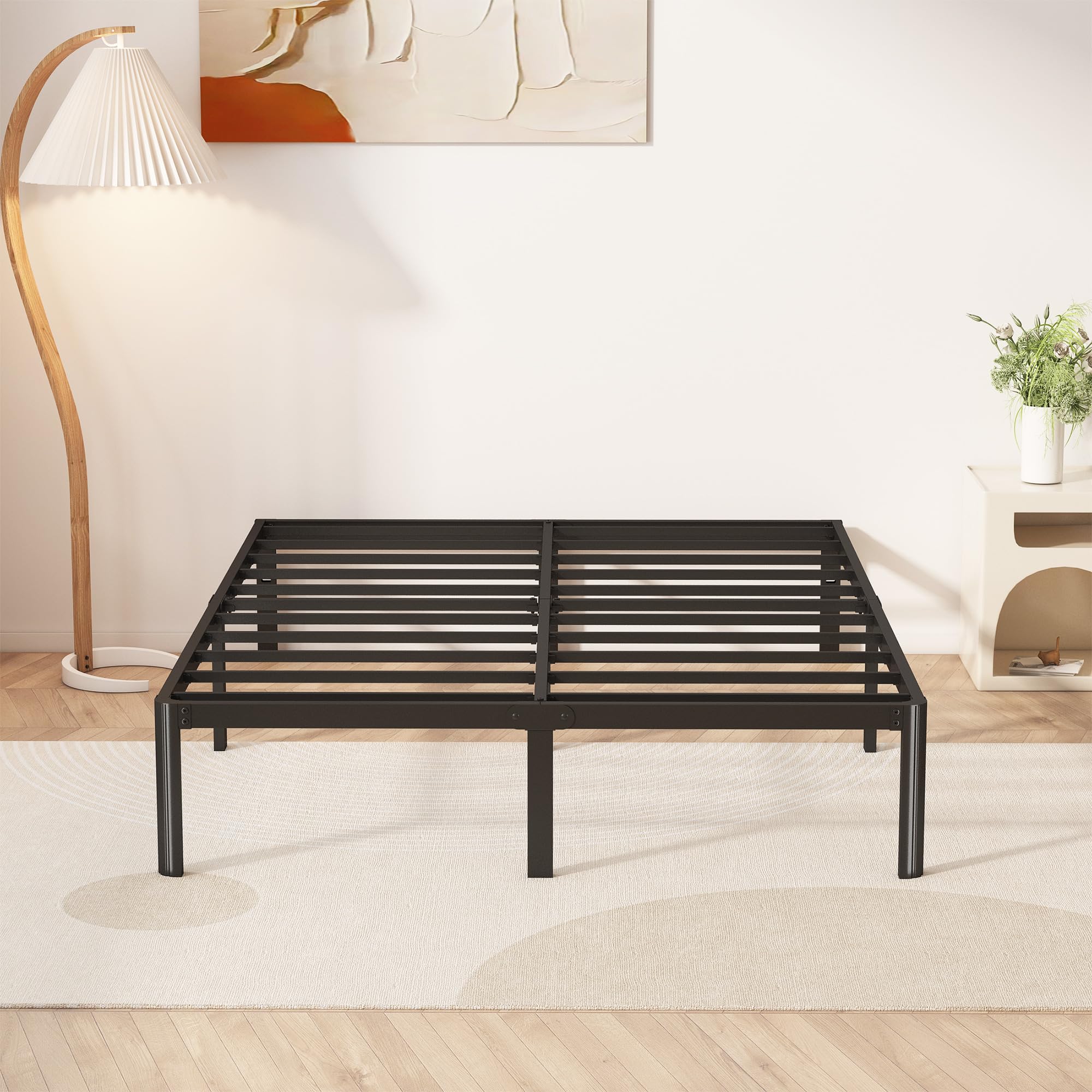 14 Inch Queen Bed Frame Heavy Duty Rounded Corner Legs Platform Bed Frame Queen Size, Easy Assembly, Noise Free, No Box Spring Needed, Black.