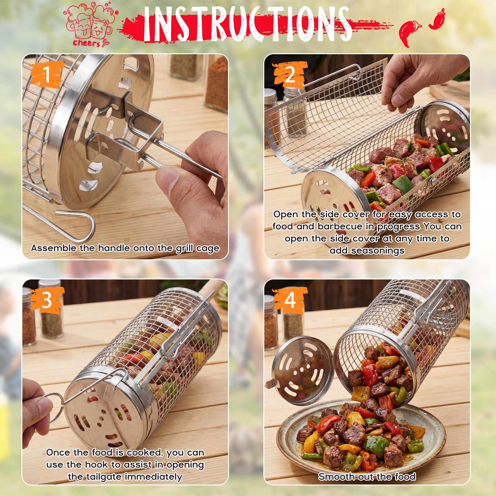Panier à Barbecue Roulant,2 Paniers à Barbecue Emboîtables Poignée en Bois Détachable Double Accès Acier Inoxydable 304 avec Brosse à Huile Accessoire Cuisson Extérieur Camping Cadeau pour Homme Papa