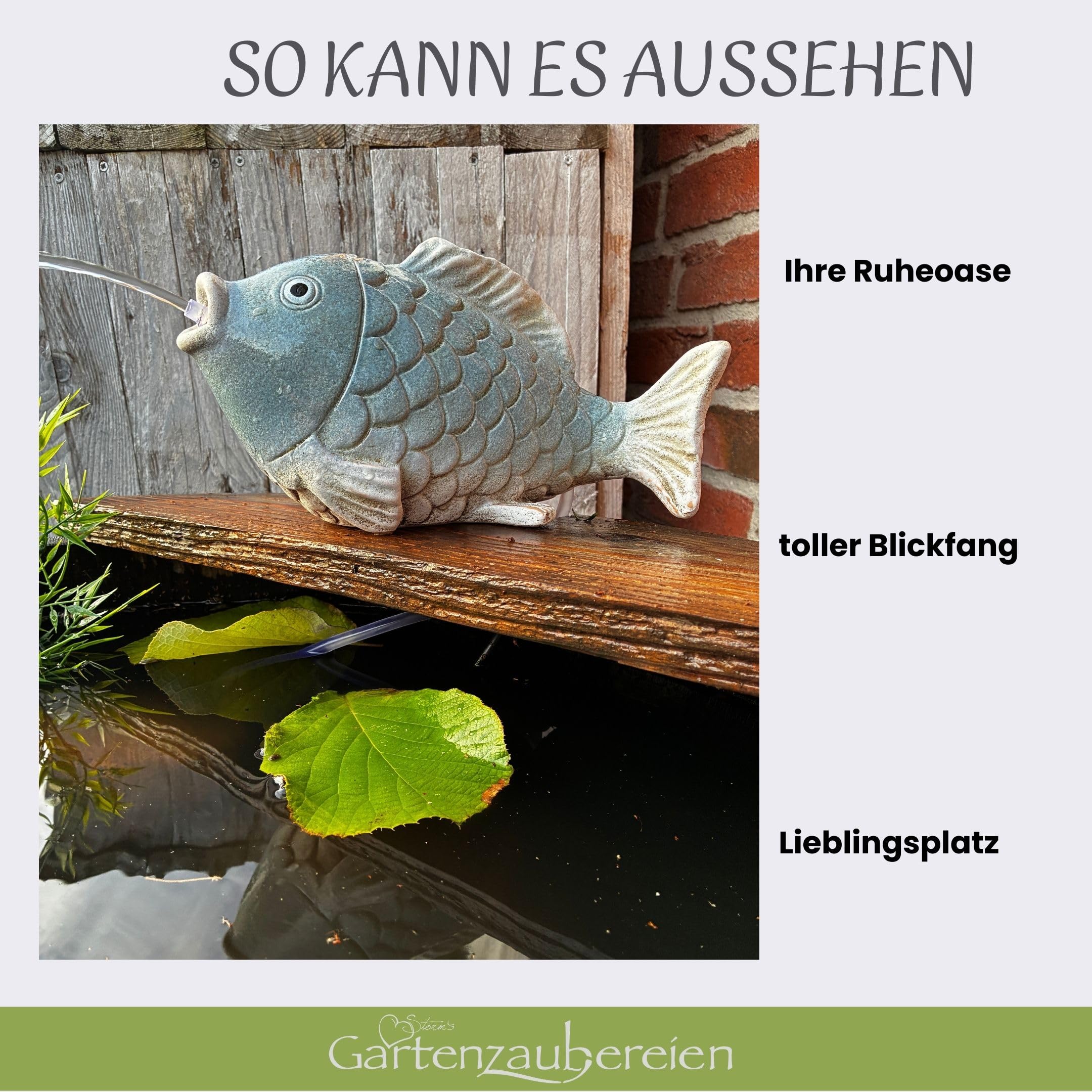 Solar Wasserspeier Fisch aus Keramik - Blau-Weiss glasierte Teichfigur - Maritimes Wasserspiel für Garten Balkon Miniteich - Solarfontäne mit 3m Kabel - Wetterfeste Aussendeko