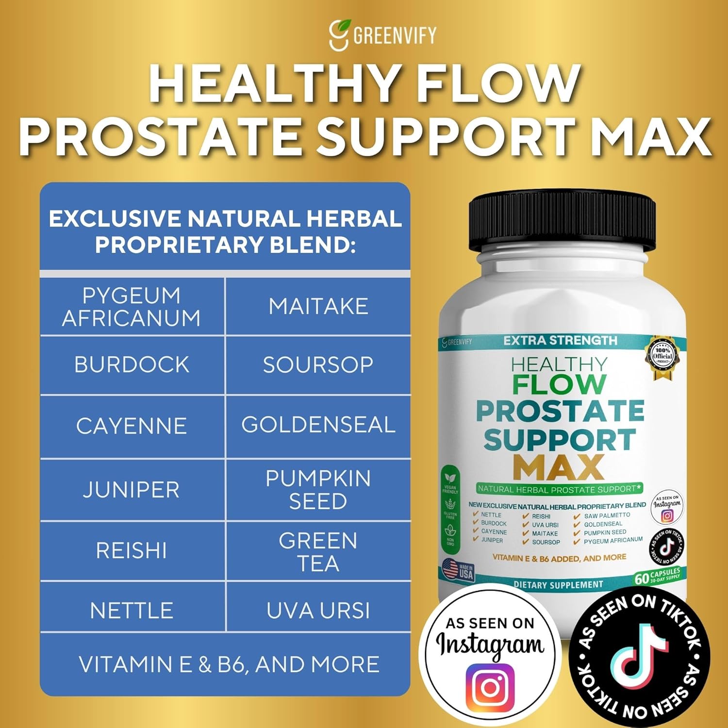 Extra Strength Healthy Flow Prostate Support Max, Natural Herbal Supplement, 60 Capsules, 30-Day Supply (3)