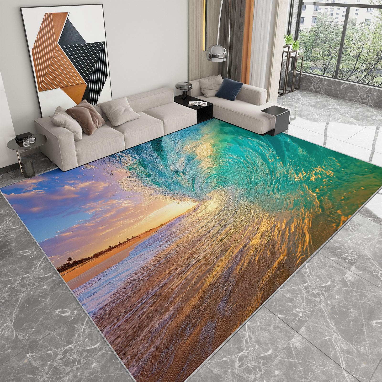 Générique Tapis Salon Vagues Océaniques Abstraites Rayures Dorées 180 x 240 cm - Tapis Bleu Lavable en Machine Grande Chambre Résistante Antidérapant pour Salon et Salle à Manger