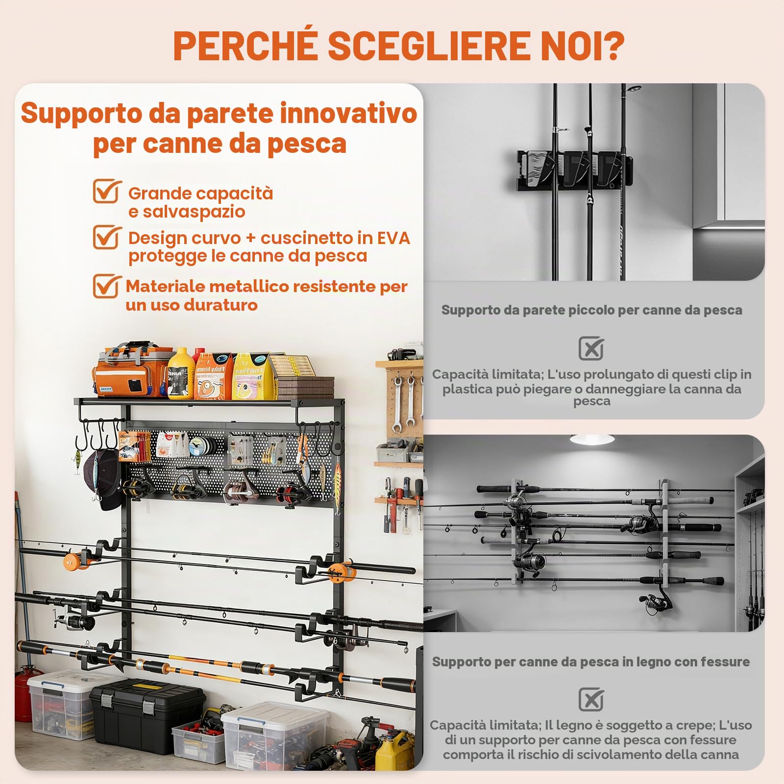 Bikoney Portacanne da Pesca Parete per Garage, Supporto Orizzontale per 6 Canne con Pannello Forato e Ganci, Rastrelliera Porta Canne Salvaspazio, Regalo per Pescatori Uomo Papà