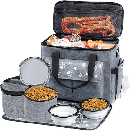 CLAWIST Bolsa de viaje para perros, bolsas para perros aprobadas por aerolíneas para viajes, 2 contenedores de viaje de comida para perros y cuencos