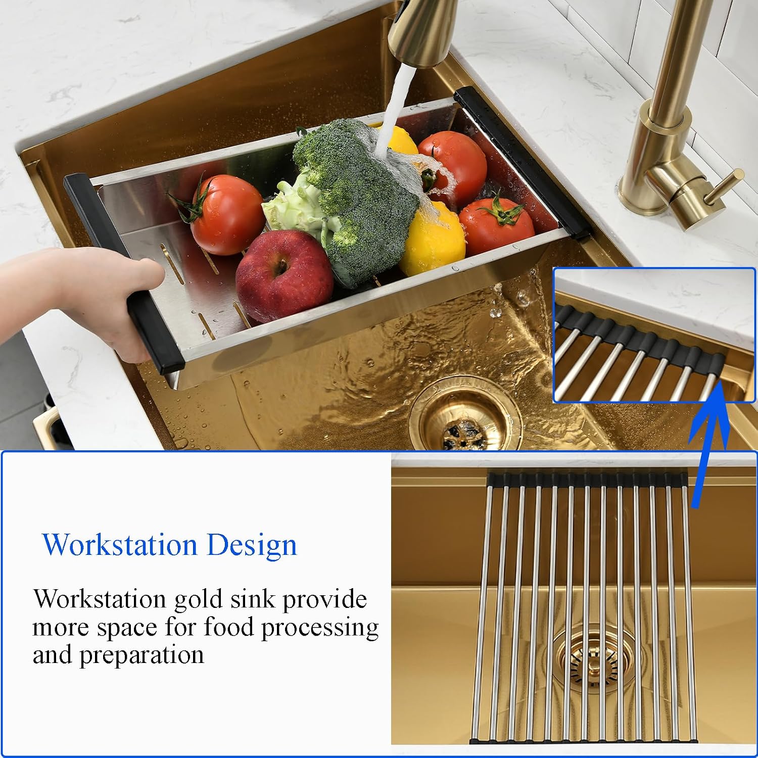 30 Inch Gold Undermount Sink-Bokaiya Undermount Workstation Sink Brushed Gold 16 Gauge Stainless Steel 10 Inch Deep Single Bowl Kitchen Sink with Cutting Board(30"x19"x10")