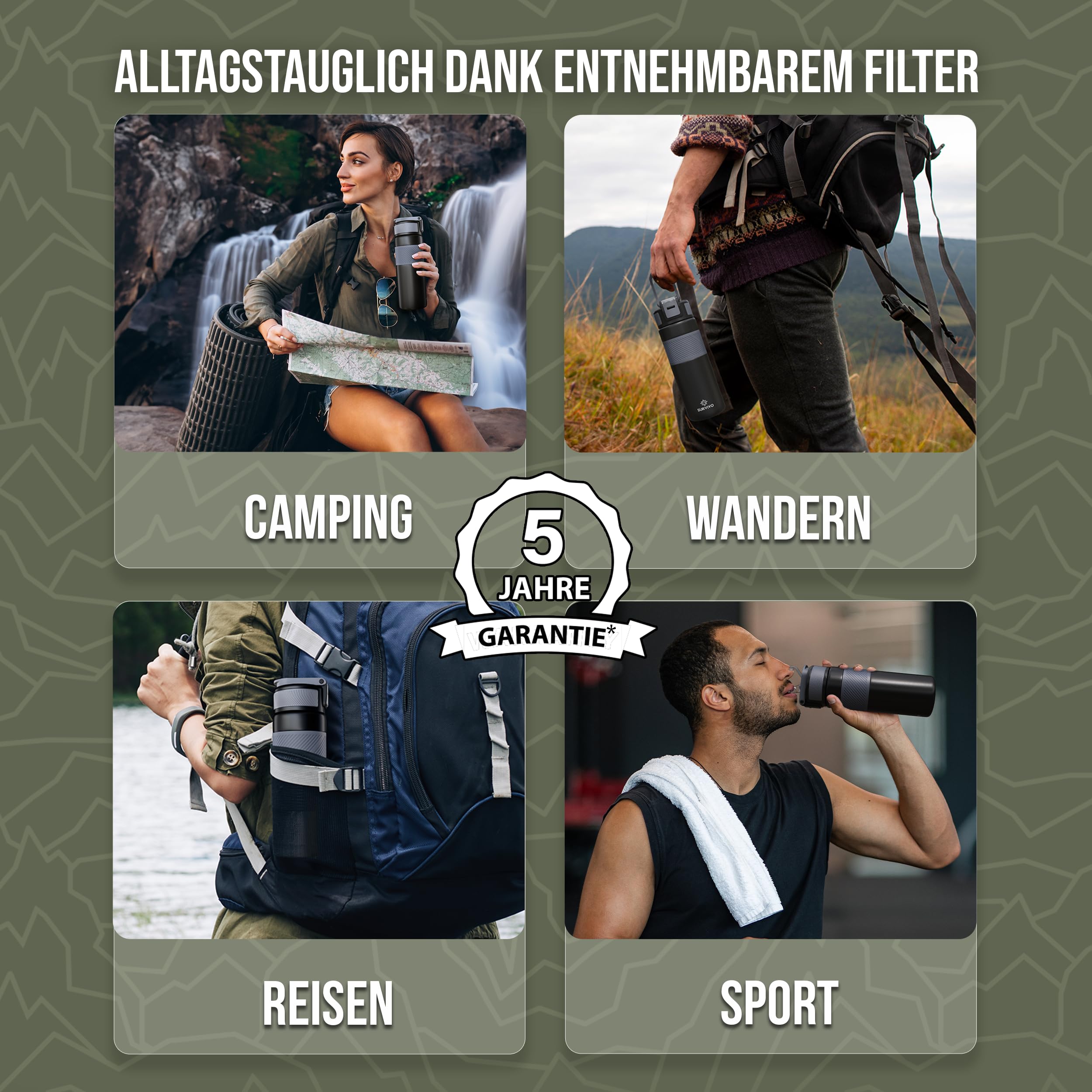 SURVIVO® Wasserfilter Outdoor Flasche [660ml] Trinkflasche aus Edelstahl mit entnehmbarem Filter, 4000l Filterkapazität, Camping, Wandern, Survival, Reisen – sicherste Ergänzung zur Outdoor Ausrüstung