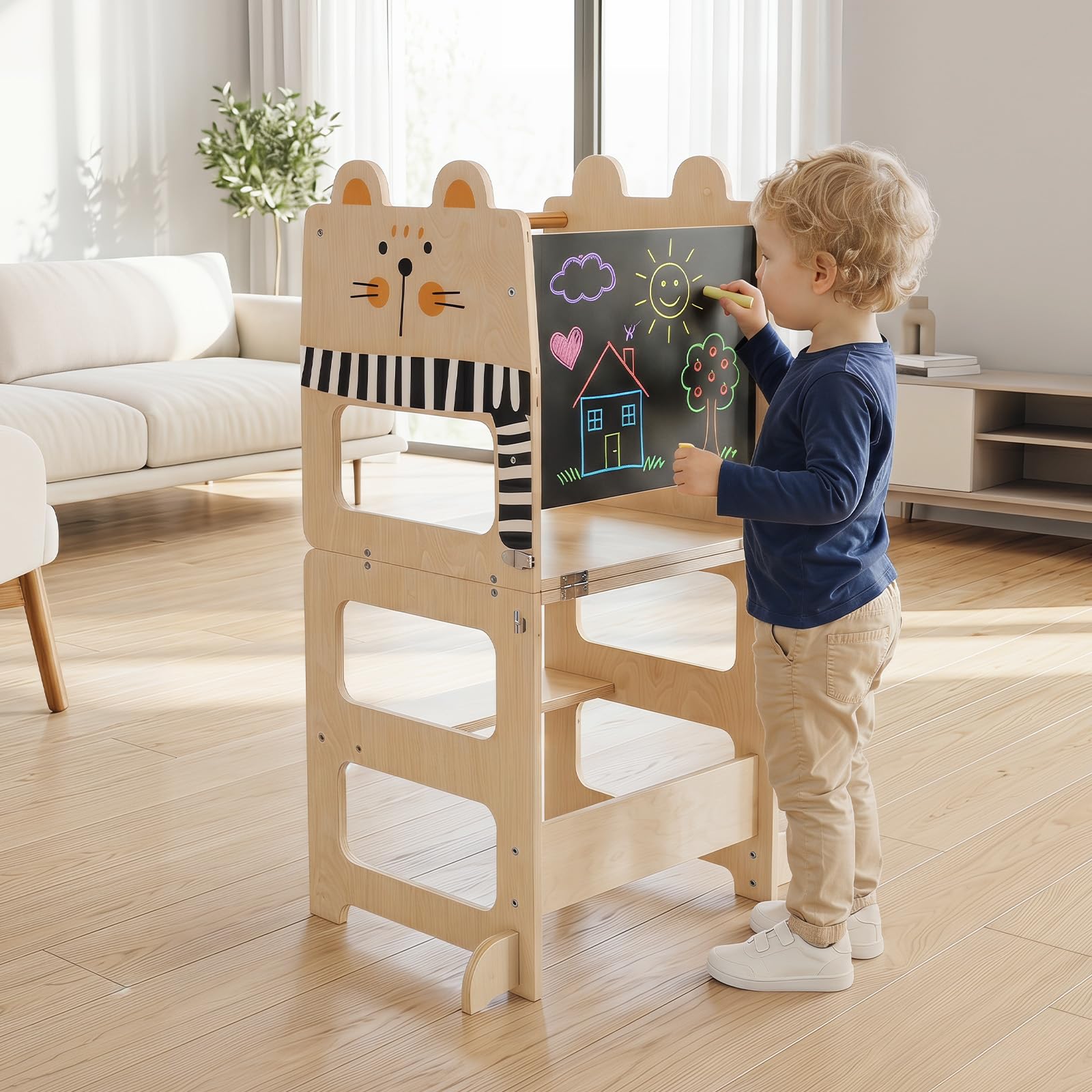 COSTWAY 3 in 1 Lernturm klappbar aus Holz, 50 kg belastbar, Natur | Tritthocker mit Tafel in Katzenform, Tritthschemel Montessori, Küchenhelfer für Kinder ab 18 Monaten
