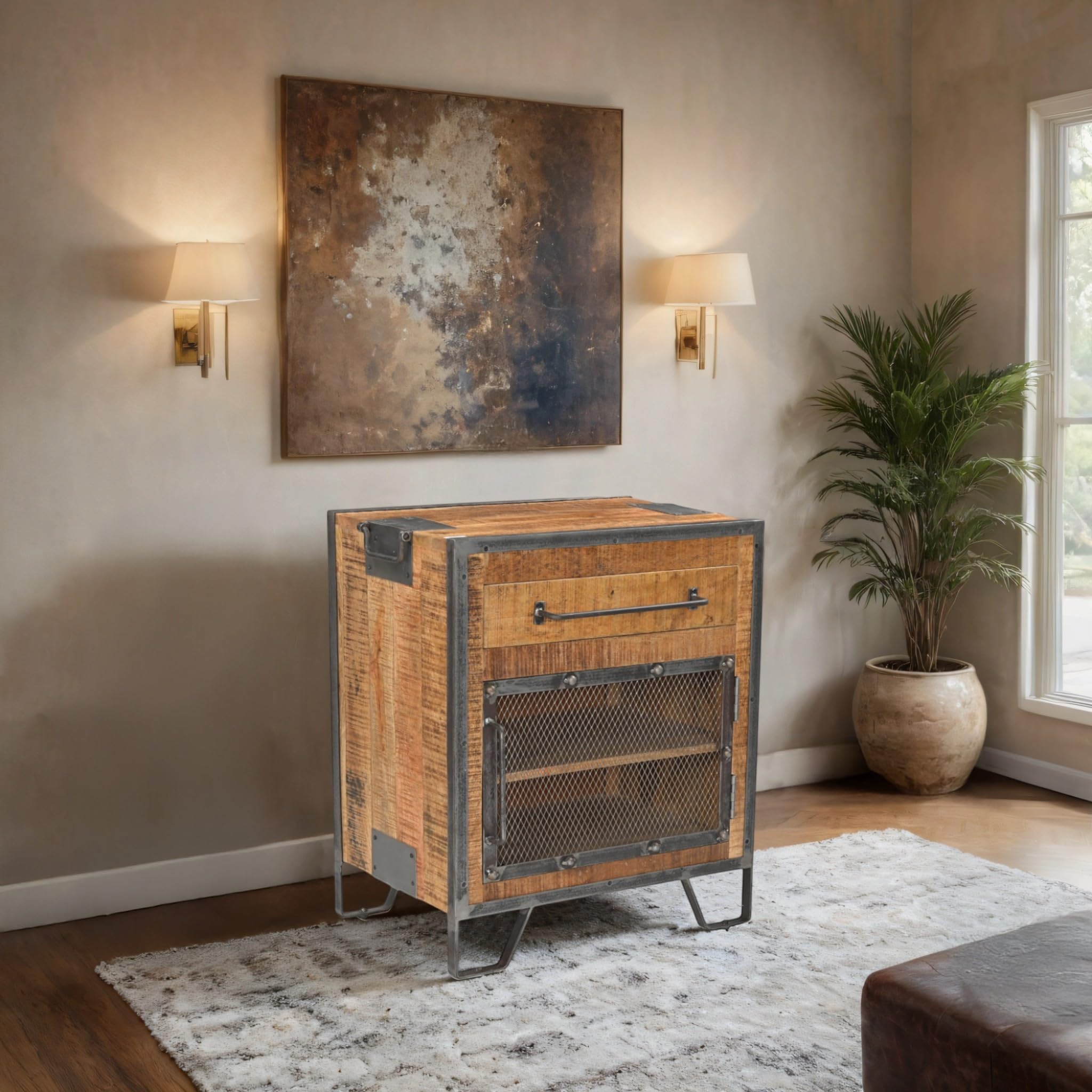 Kraft Creations Industrial Nightstand with Metal Mesh Door, Rustic Wood and Iron Side Table, 1-Drawer Storage Cabinet-image-15
