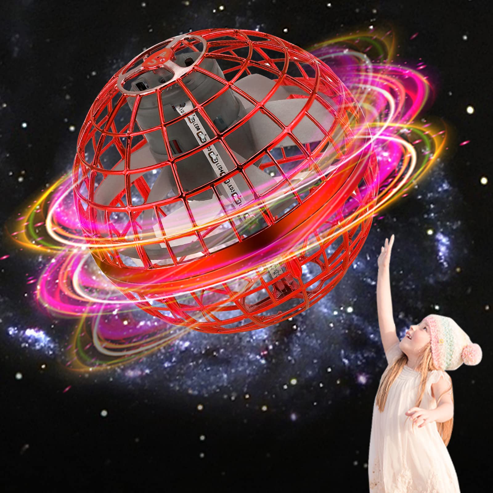 Flying Orb Ball 2023 Upgraded Rechargeable Flying Ball Hover Ball Magic 360°Rotating Drone Flying Spinner Space Boomerang Ball with LED Lights for Kids Adult Toys Outdoor Indoor (Red)