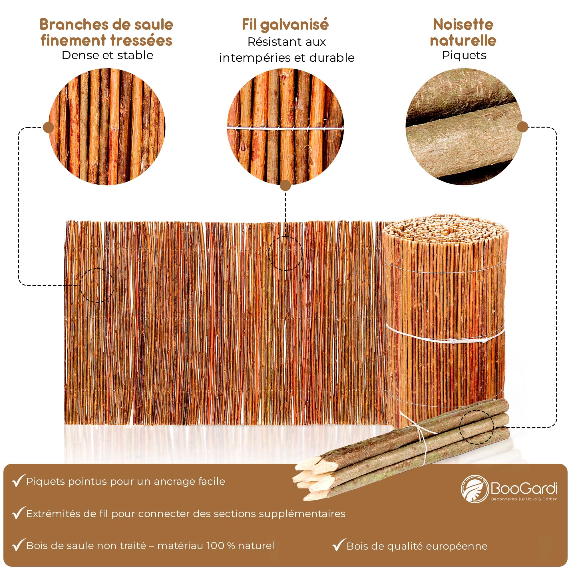 BOOGARDI Bordure de Jardin en Bois 1x - Clôture Basse en Osier, Hauteur 30 cm x Longueur 3 m - Bordure pelouse Flexible, séparation pour Massif, Potager, Arbre, Style Naturel