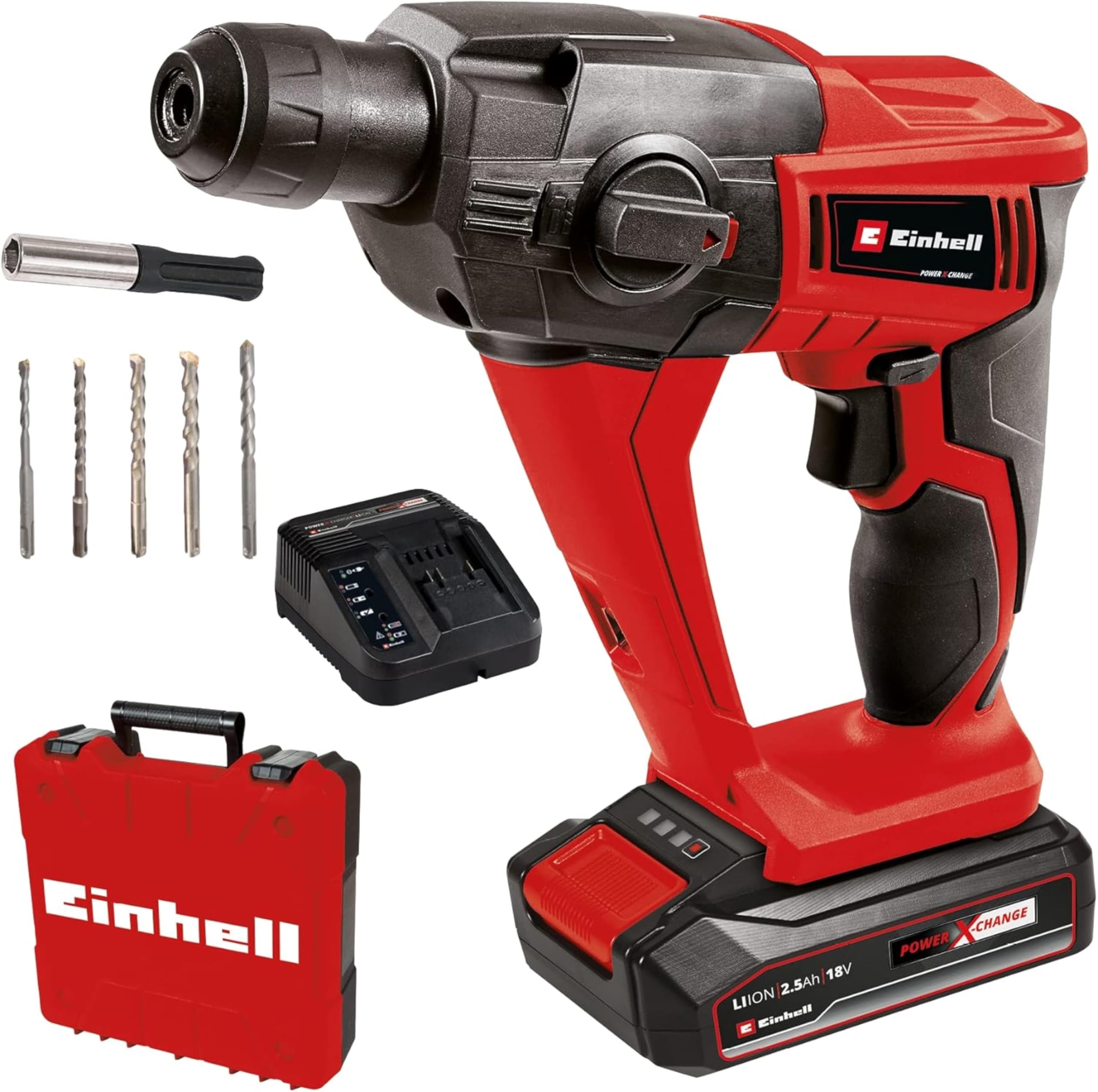 Einhell TE-HD 18 Li Power X-Change 18V Cordless Rotary Hammer Drill with Battery and Charger | SDS Plus Drilling, Impact Drilling, Screwing and Chiselling Functions | with Drill Bit Set and Case