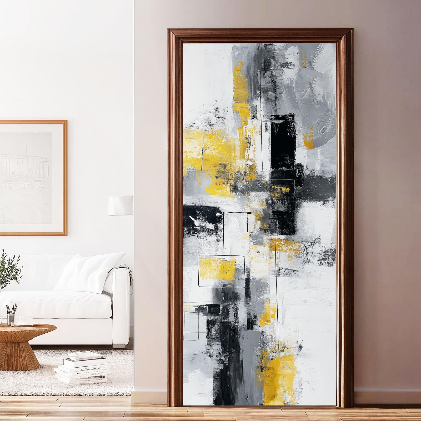 Geometryczna abstrakcyjna naklejka na drzwi - samoprzylepny plakat ścienny bloki linie graffiti zdejmowalna szara tapeta artystyczna do sypialni salon łazienka kuchnia, 80x210 cm