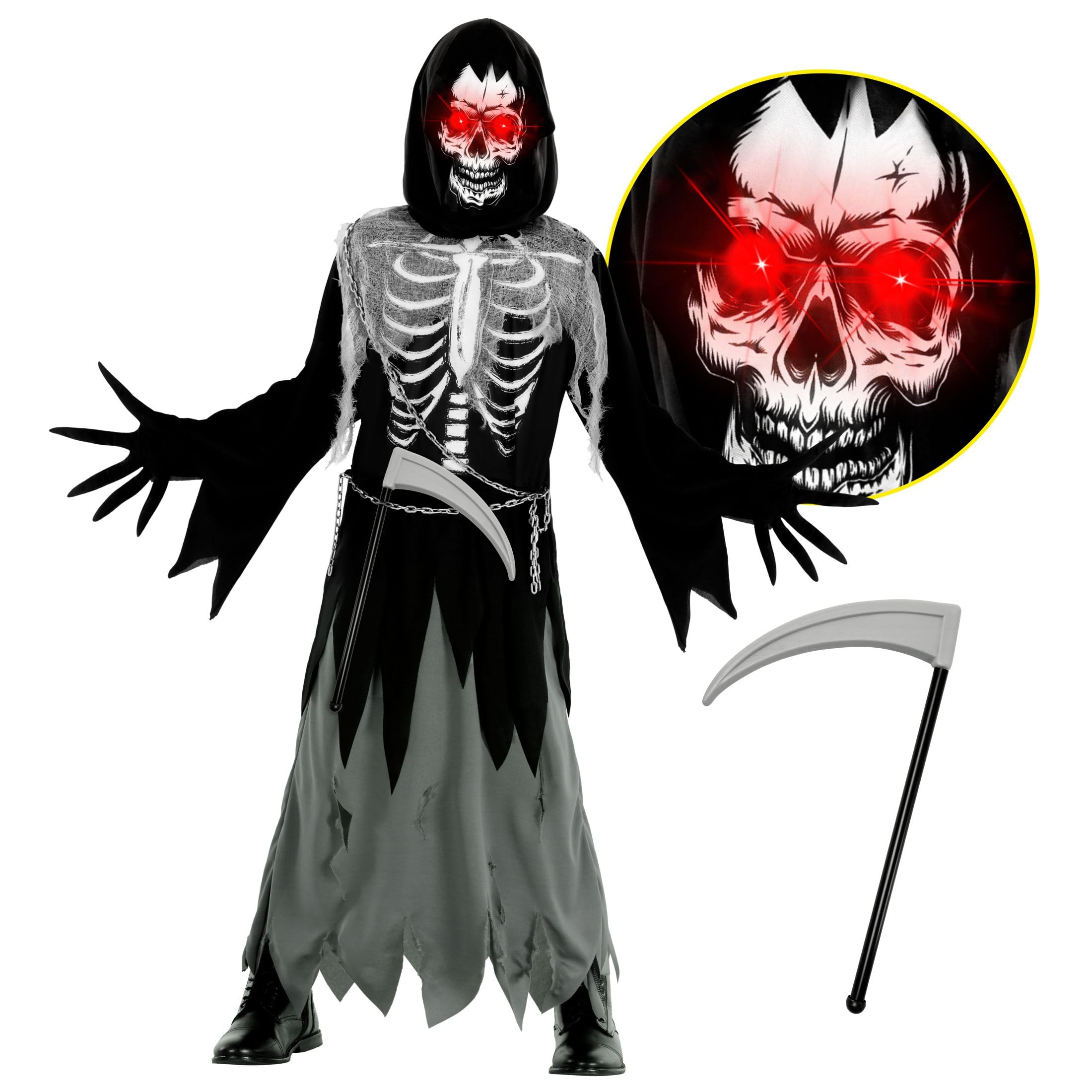 Morph Disfraz Muerte Niño con Luces, Disfraz La Muerte Niño,Disfraz De La Muerte Niño, Disfraz Halloween La Muerte Niño,Disfraz Niño Muerte, Disfraz De La Parca,Disfraz Halloween Niño Muerte