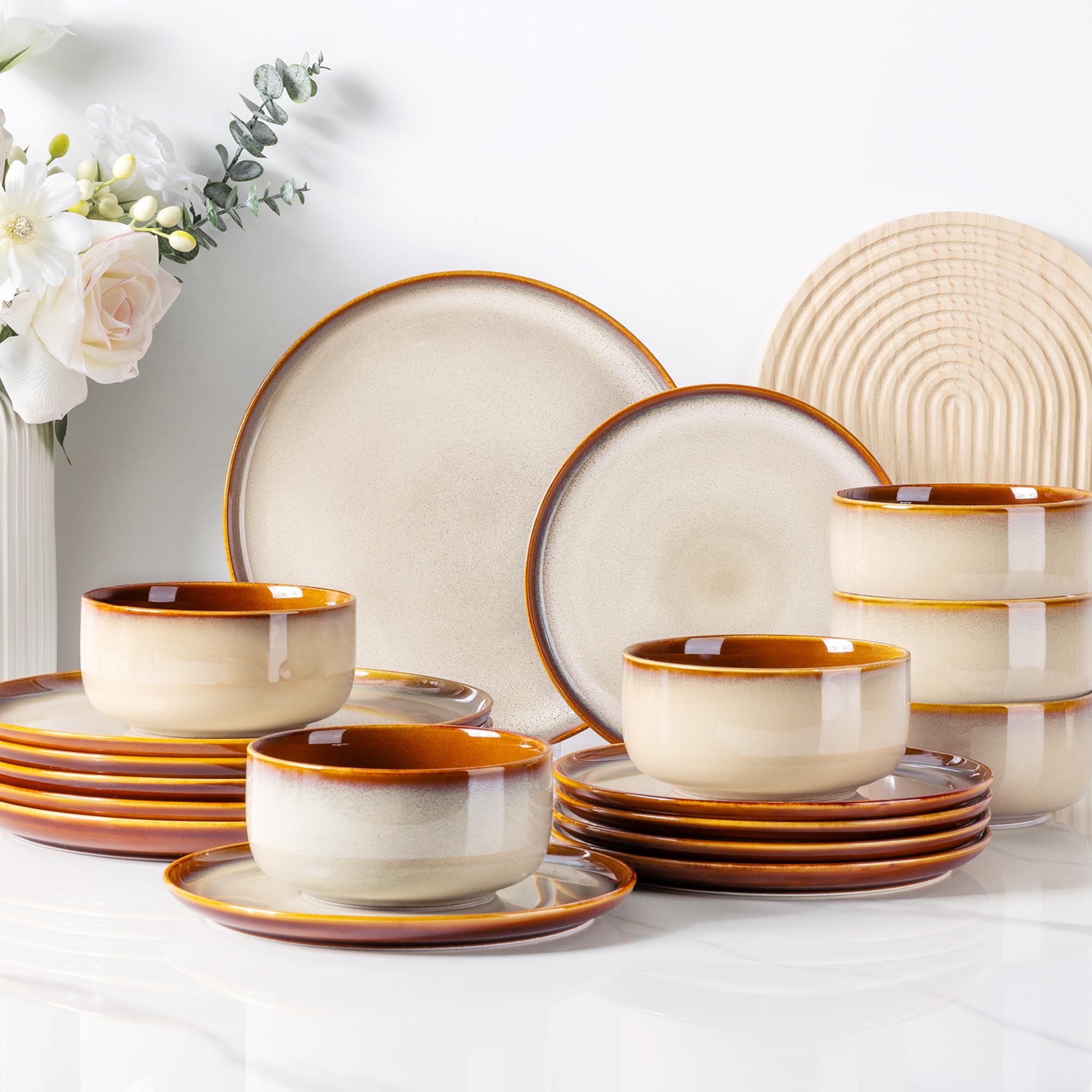 LeRatio Dinner Set for 6, 18 Piece Stoneware Plates and Bowls Set, Chip & Scratch Resistant Reactive Glazed Dinnerware Set, Dishwasher & Microwave Safe Crockery Set (Cappuccino, Service for 6)