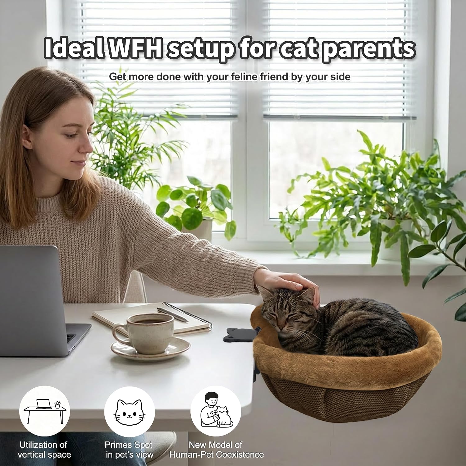Desk Cat Bed, Hanging Under Desk Cat Hammock with Clip-On Mount, Soft Plush, Swivel Design image 2
