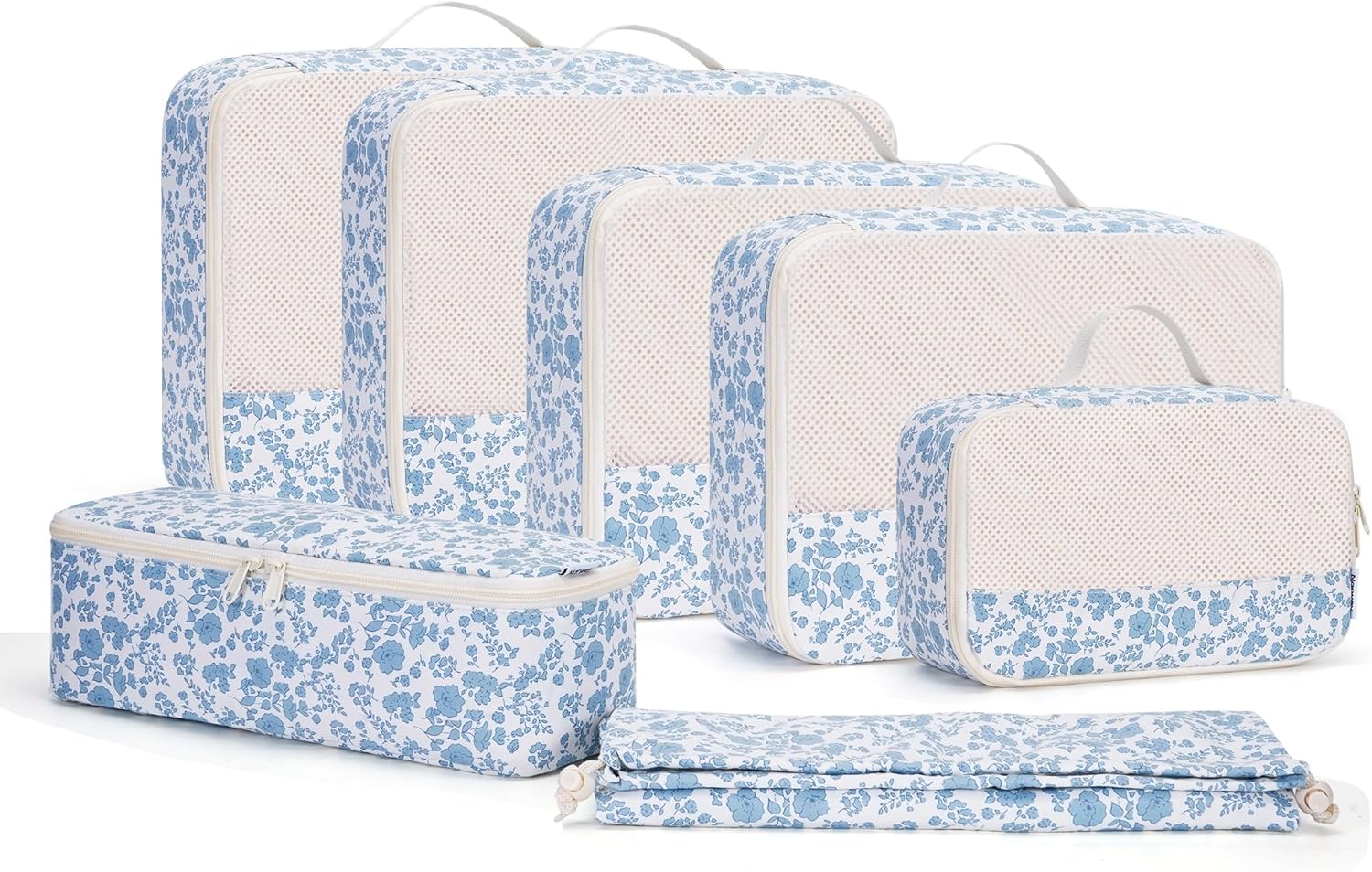 Narwey 7 Set Floral Packing Cubes for Travel Carry on Suitcase Luggage Organizer Bags for Kids Women Men, Durable Packing Organizers Bag, Travel Essentials Accessories (Little Blue Flower) - Image 2