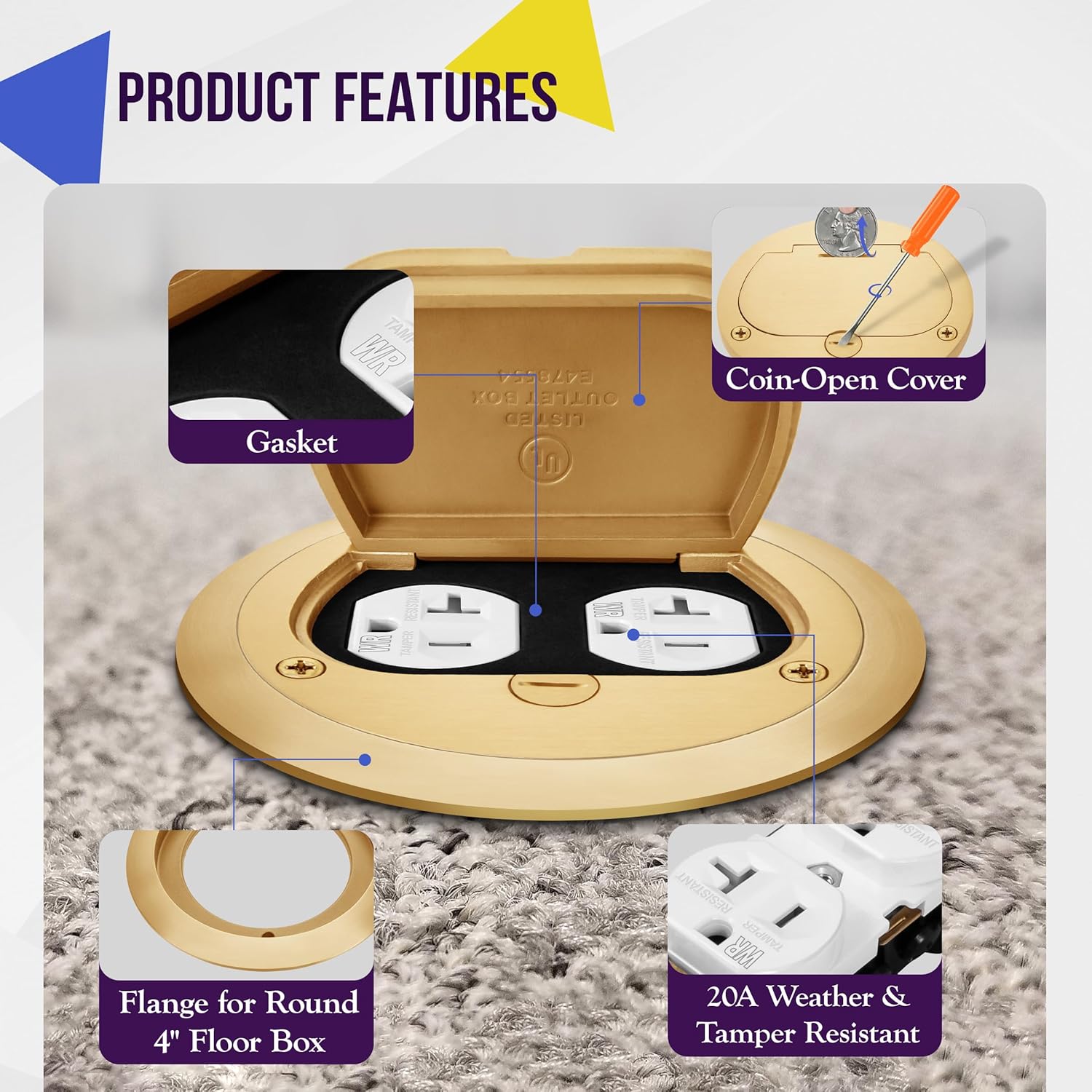 ENERLITES 4" Diameter Round Cover Plate with 20A Duplex Tamper & Weather Resistant Receptacle and Matching 5-¼" Dia. Round Flange, 975502-Ccarpet